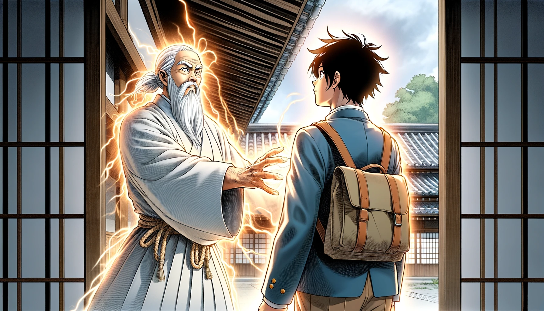 A manga-style scene featuring a Japanese high school student receiving a powerful superpower from an older mentor-like figure. The mentor is glowing with energy, passing the power to the student, who looks both determined and overwhelmed. The background shows a serene yet intense setting, with the two standing in a traditional Japanese school courtyard. The image captures the moment of transition, highlighting the responsibility and new beginnings as the student inherits the power.