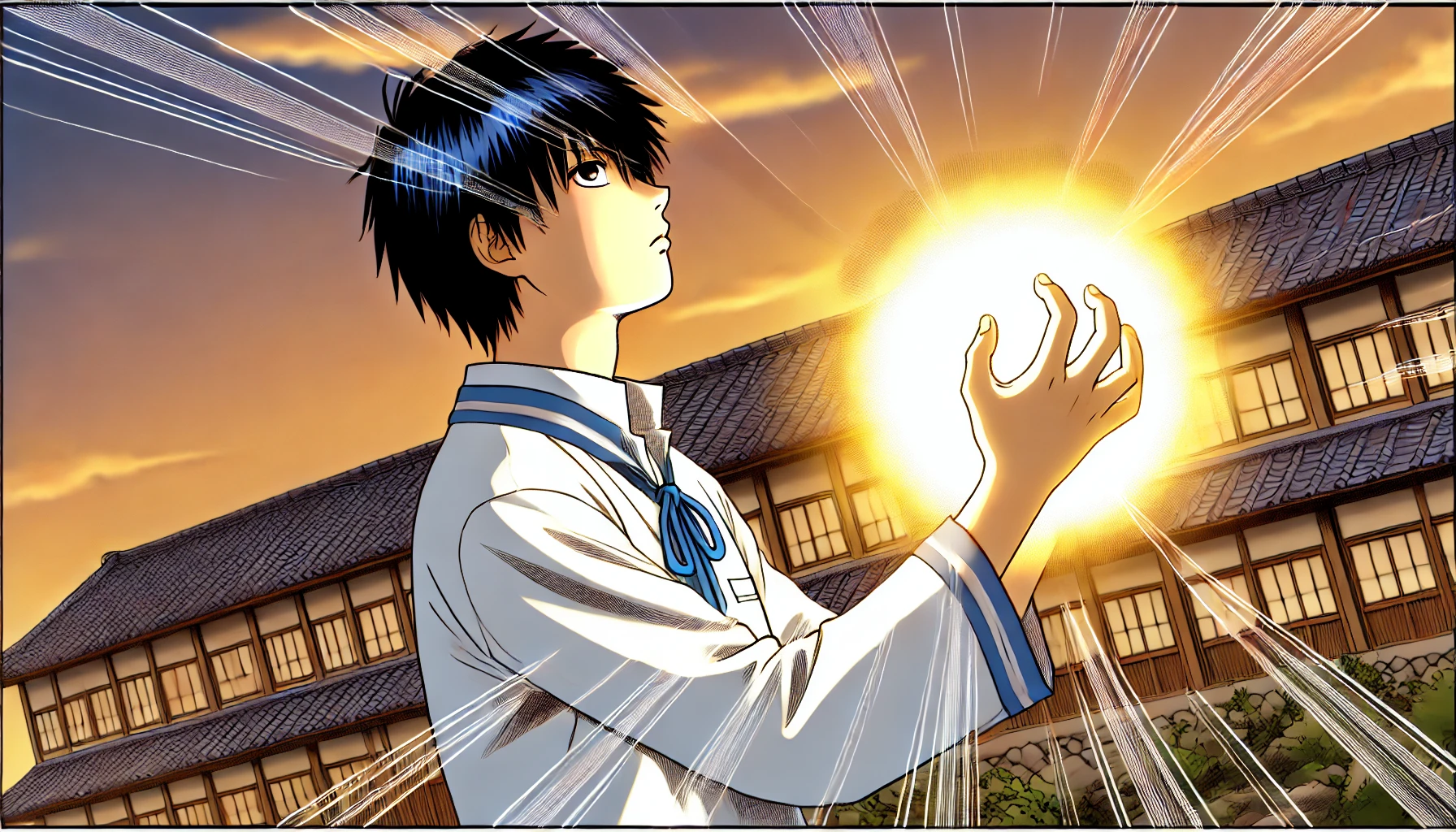 A manga-style scene depicting a Japanese high school student solemnly giving up a glowing superpower, symbolized as a bright orb or energy. The student looks determined yet sad as the power is being released from his hands, drifting away into the sky. The setting is a traditional Japanese school courtyard at sunset, with a serene and emotional atmosphere. The image captures the moment of sacrifice and the heavy decision of letting go of a great power.