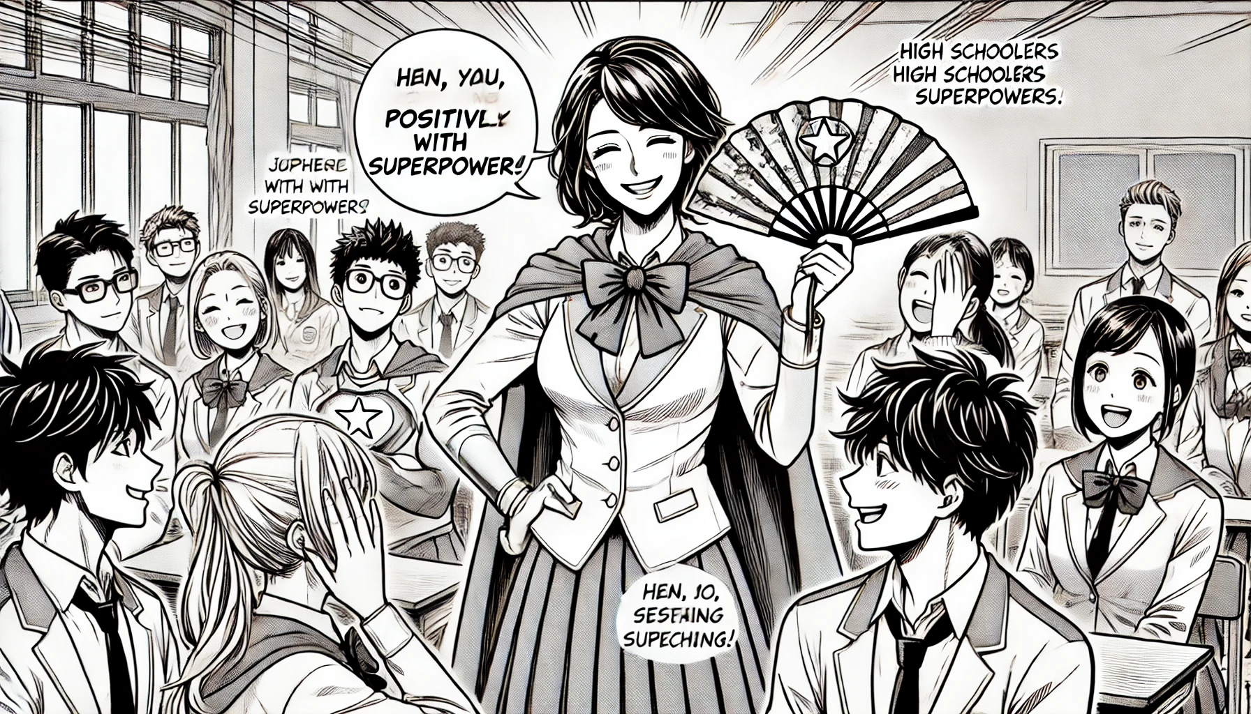 A manga scene featuring a Japanese female hero teacher holding a fan, interacting positively with her students. The students, high schoolers with superpowers, are engaged and inspired by her words. The teacher is smiling, and the atmosphere is light and encouraging, with a school setting in the background.