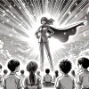 A hopeful manga scene where a Japanese female hero teacher is expected to make a comeback. The atmosphere is bright with rays of sunlight breaking through clouds, as the teacher stands in a heroic pose, signifying her potential return. The students watch her with anticipation and hope.