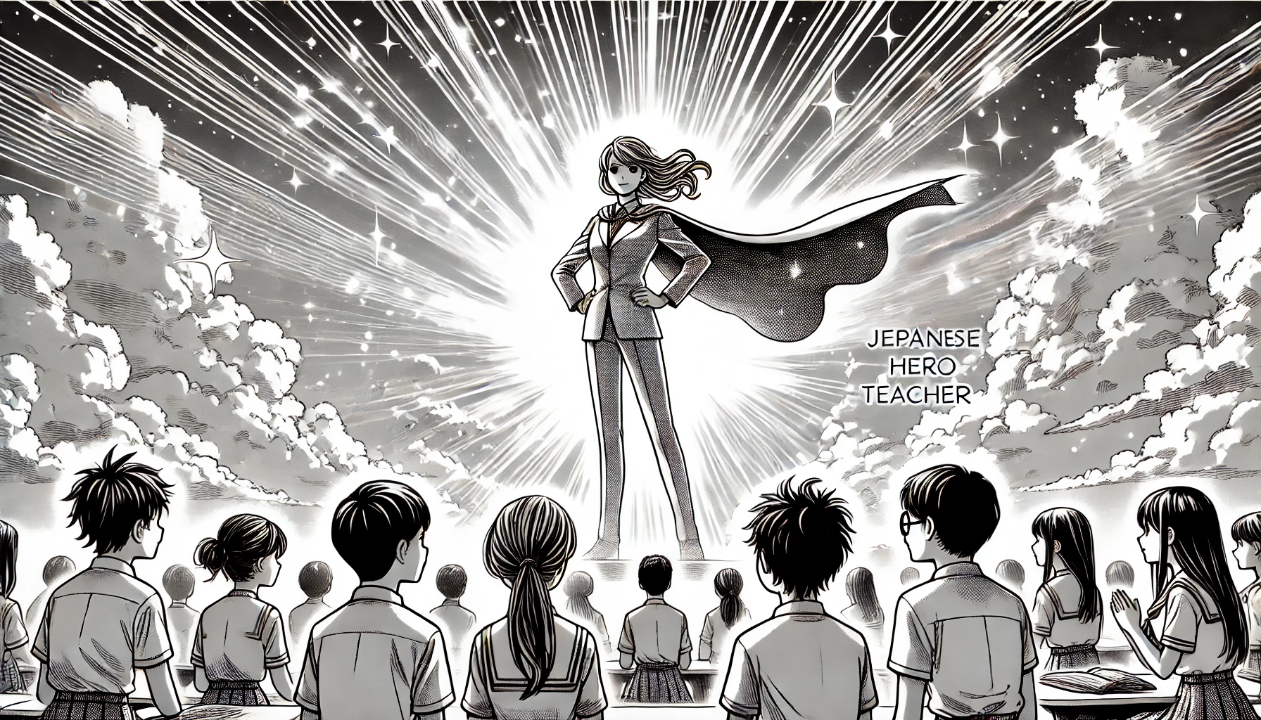 A hopeful manga scene where a Japanese female hero teacher is expected to make a comeback. The atmosphere is bright with rays of sunlight breaking through clouds, as the teacher stands in a heroic pose, signifying her potential return. The students watch her with anticipation and hope.