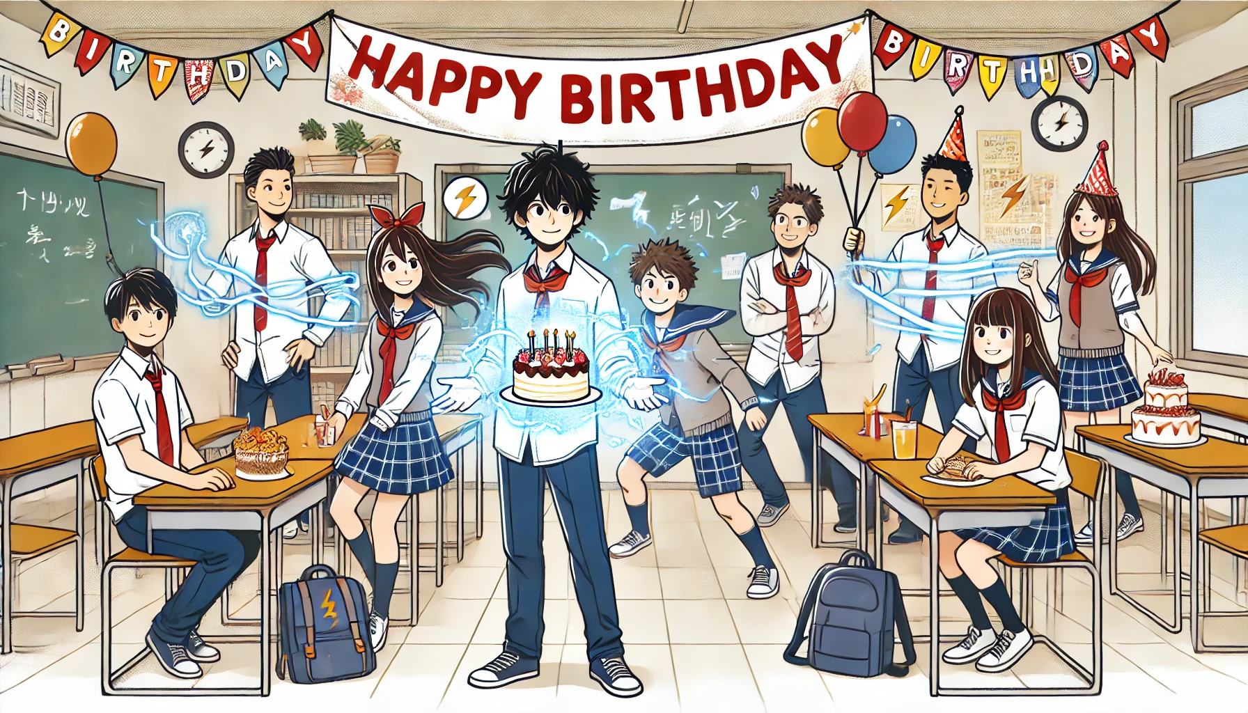 A group of Japanese high school students with superpowers celebrating one of their friend's birthdays in a classroom. The classroom is decorated with balloons and a birthday banner. The students are happy, some using their powers to enhance the celebration, such as levitating objects or creating light effects. The atmosphere is lively and joyful.