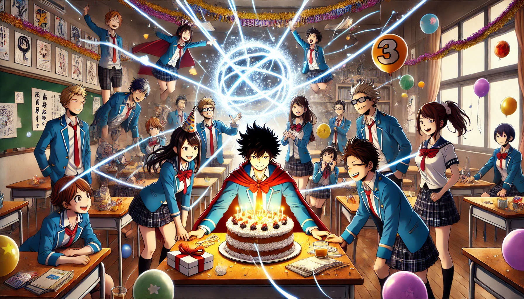 A scene of Japanese high school students with superpowers gathered around in a classroom, celebrating one of their friend's birthdays. The students are using their powers to add to the celebration, such as creating floating decorations and fireworks-like light effects. The mood is lively and fun, with students smiling and sharing in the joy of the event. The classroom is filled with vibrant decorations, balloons, and a large birthday cake.