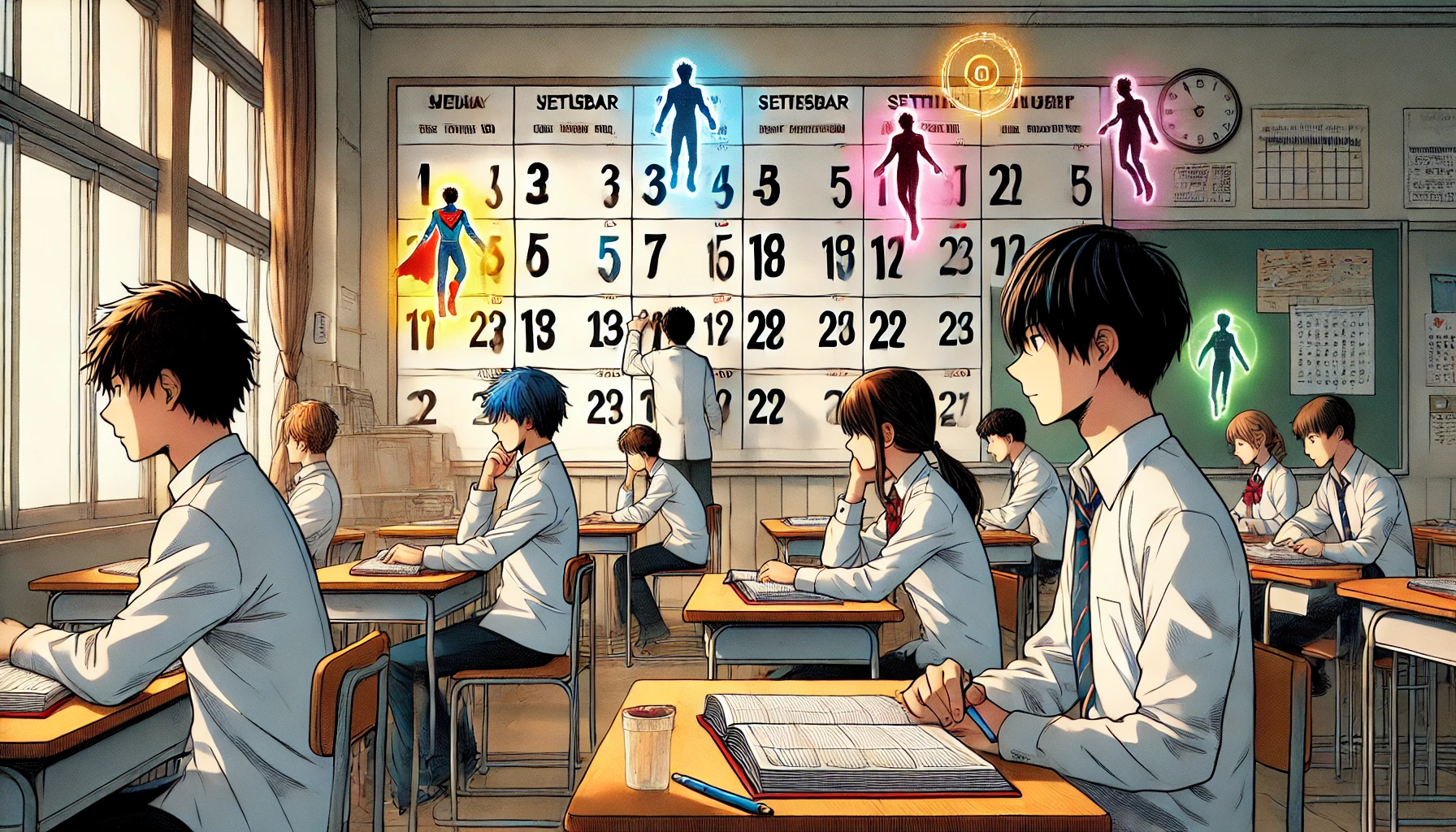 A classroom of Japanese high school students with superpowers. The focus is on a calendar showing multiple dates with specific birthdays marked in bright colors. The atmosphere is calm and studious, with a few students quietly looking at the calendar while others study or talk softly. Superpowers are subtly shown, such as a student levitating a pen or controlling floating textbooks. The environment is thoughtful and reflective.