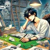 A manga artist sitting at a desk with papers scattered around, looking tired, depicting a moment of exhaustion due to illness. The background features elements of a manga studio with shelves of books and drawing tools. The scene suggests a temporary halt in the creation process for a manga about high school students with superpowers. The artist appears to be Japanese. The setting is horizontal, 16:9 ratio.