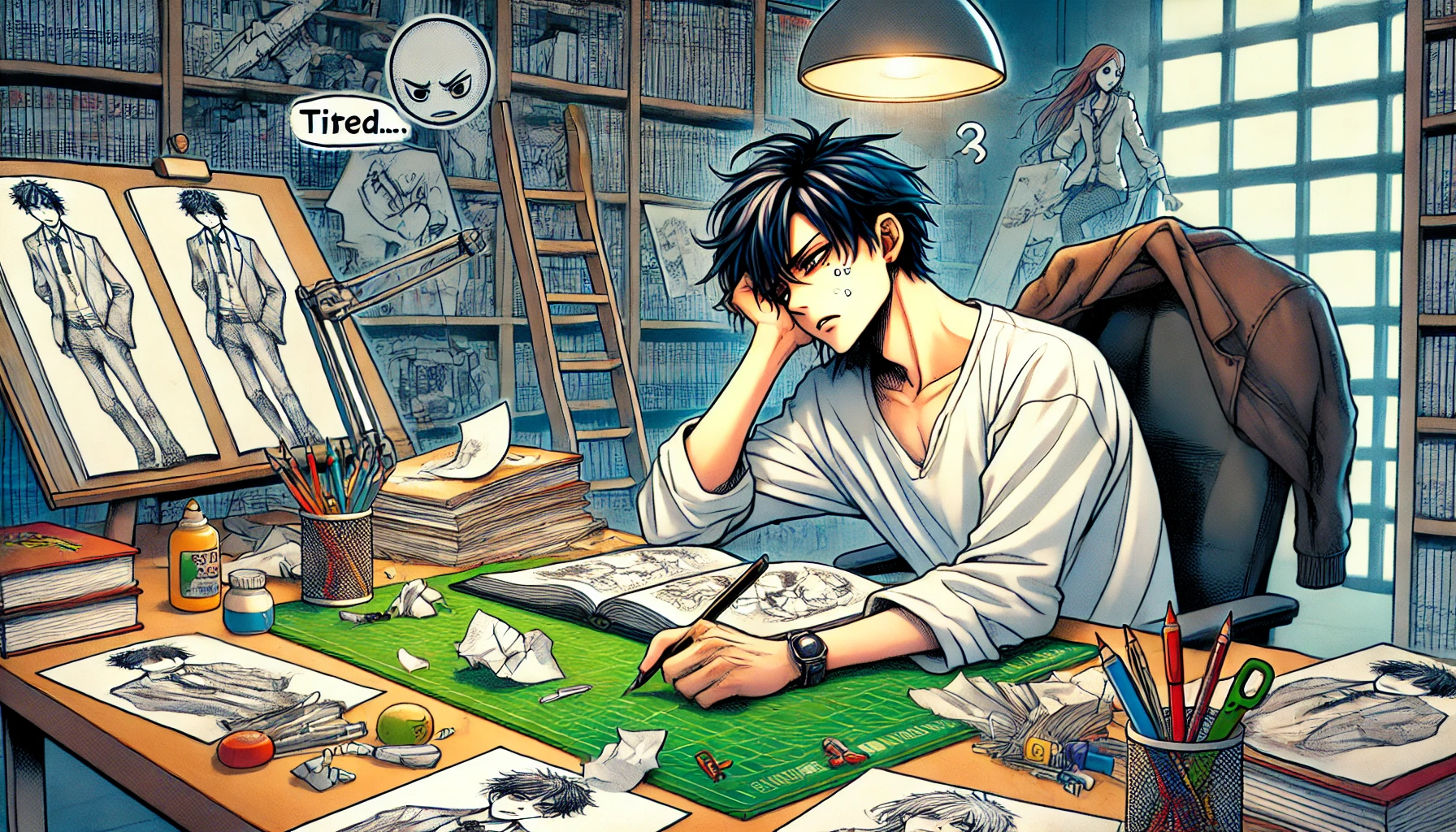 A manga artist sitting at a desk with papers scattered around, looking tired, depicting a moment of exhaustion due to illness. The background features elements of a manga studio with shelves of books and drawing tools. The scene suggests a temporary halt in the creation process for a manga about high school students with superpowers. The artist appears to be Japanese. The setting is horizontal, 16:9 ratio.