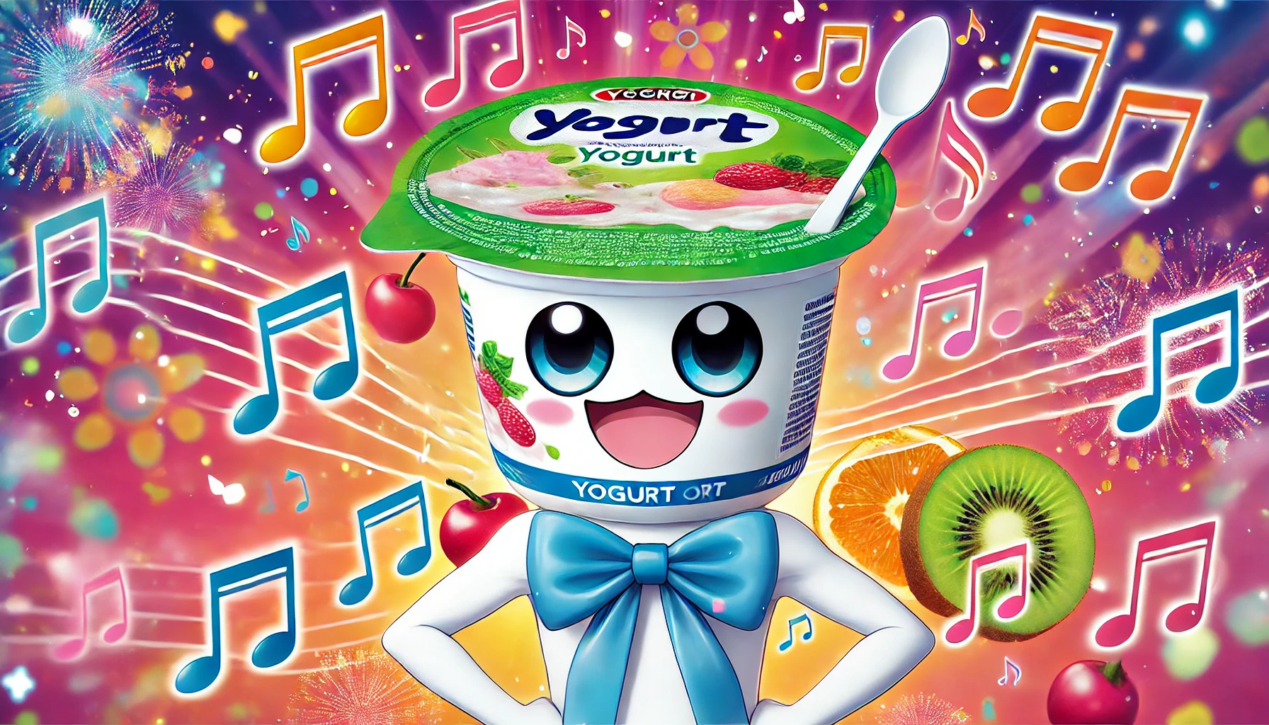 The theme song of a cute humanoid anime character with a yogurt plastic container as its head, in a colorful and vibrant background.