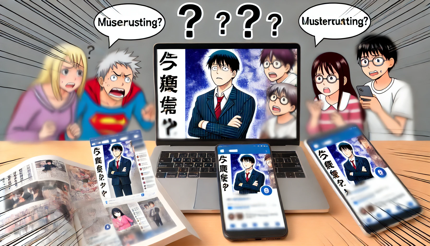 A scene showing confusion and misunderstanding, with manga fans discussing online about the health of their favorite manga artist who draws a series about high school students with superpowers. There are open laptops and phones showing social media feeds. The artist's image is visible on some screens, but the focus is on the reactions of the fans. The setting is horizontal, 16:9 ratio.