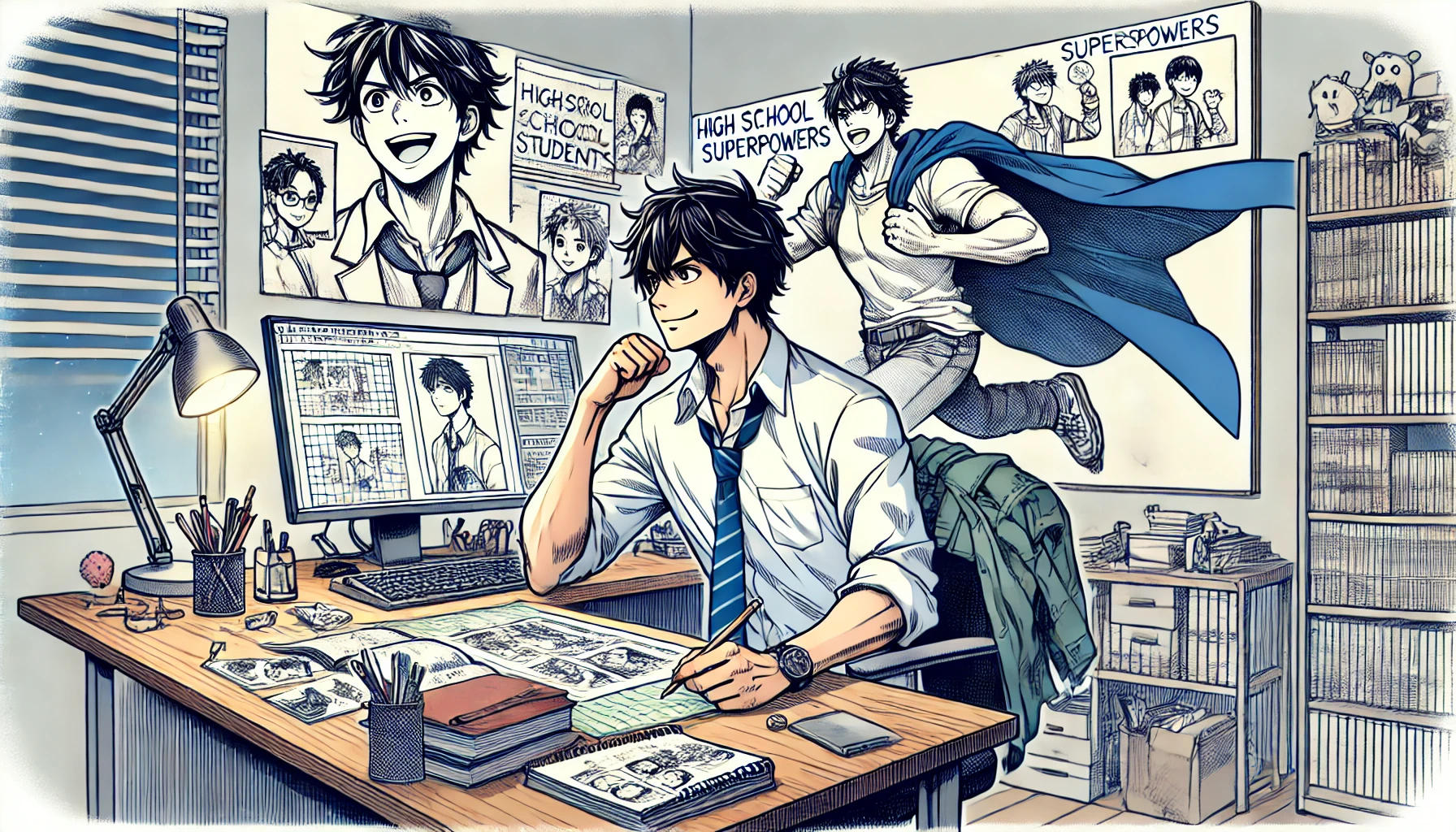 A Japanese manga artist working on new projects after completing a series about high school students with superpowers. The studio is filled with creative energy, with sketches and storyboards around, showing the artist planning future endeavors. The artist appears optimistic about the future. The setting is horizontal, 16:9 ratio.