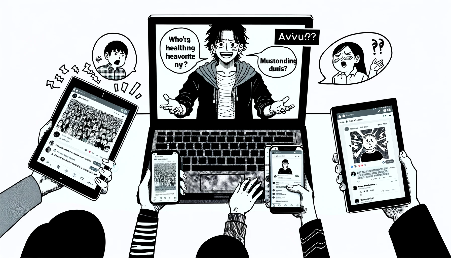 A scene showing confusion and misunderstanding, with manga fans discussing online about the health of their favorite manga artist who draws a series about high school students with superpowers. There are open laptops and phones showing social media feeds. The artist's image is visible on some screens, but the focus is on the reactions of the fans. The setting is horizontal, 16:9 ratio.