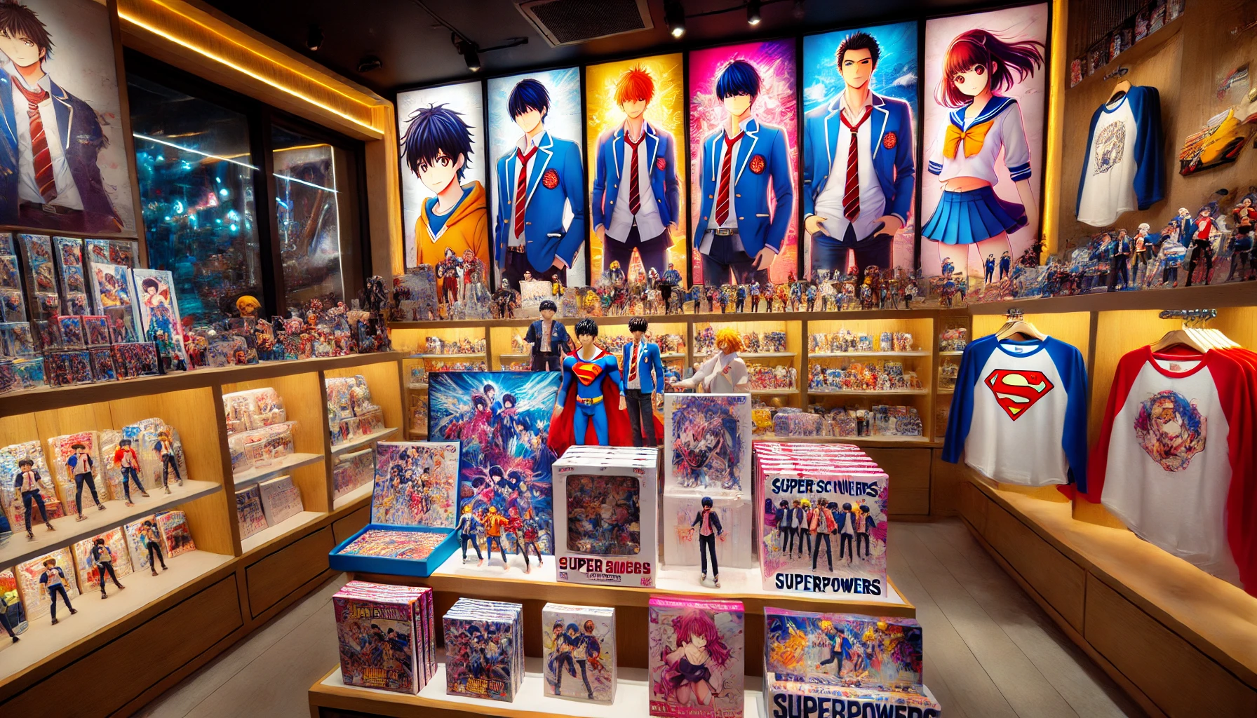 A vibrant scene featuring various merchandise from a manga about high school students with superpowers, neatly displayed on shelves. The items include figures, posters, and accessories, all with bright, colorful designs typical of anime. The setting is in a modern store with bright lighting and a lively atmosphere.