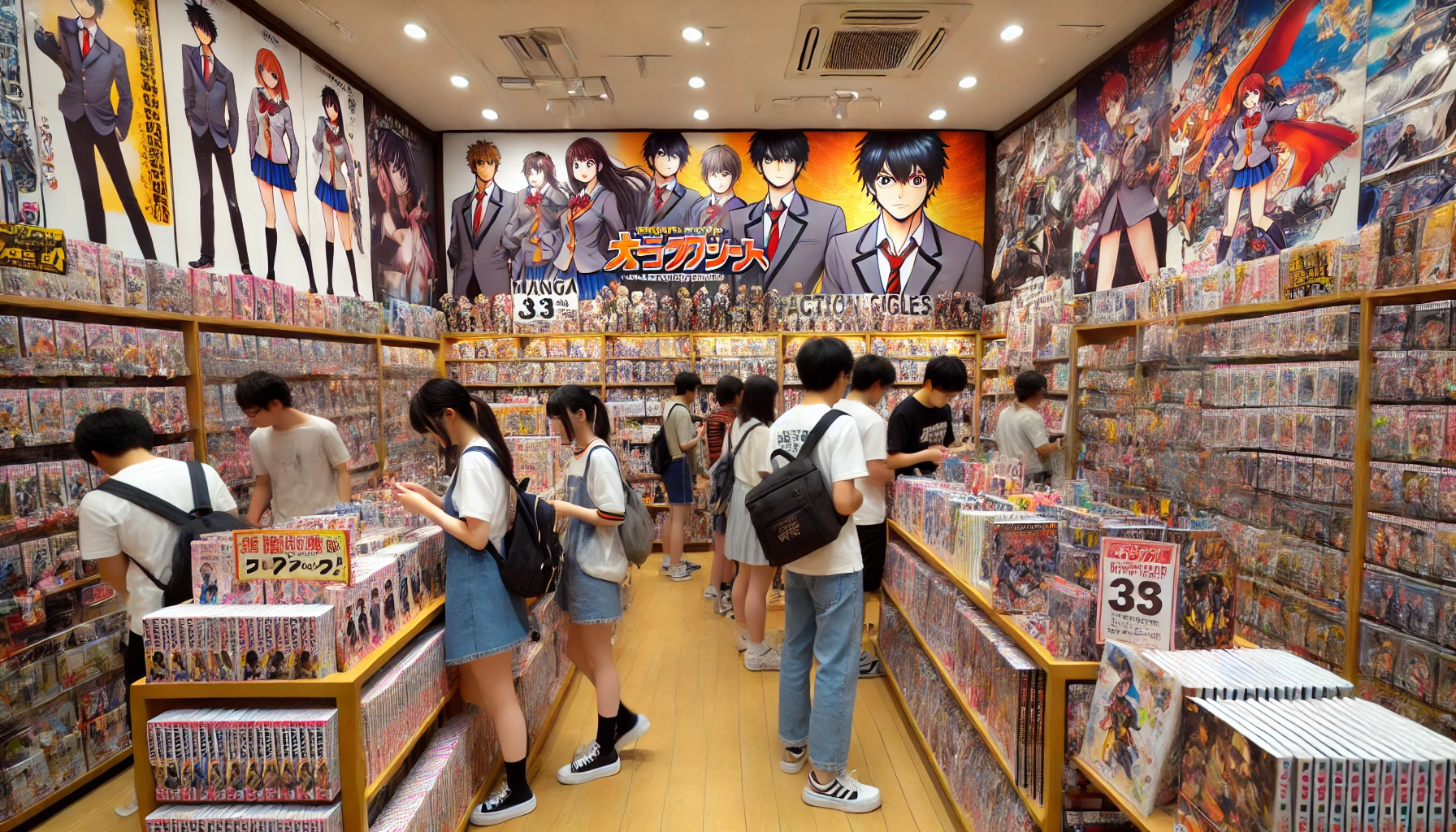 A bustling store with shelves displaying merchandise from a manga about high school students with superpowers. Customers browsing through manga, action figures, and posters. The atmosphere is energetic, and the store features colorful anime-themed decorations. Japanese customers are visible enjoying the displays.