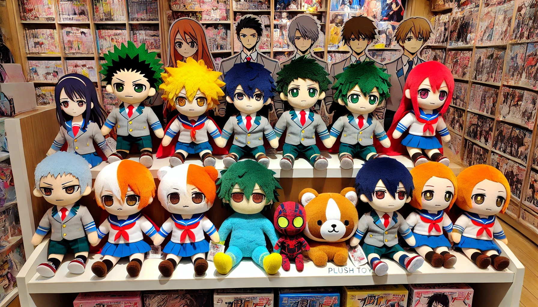 A collection of plush toys that are a collaboration between a manga about high school students with superpowers and other anime characters. The plush toys are brightly colored and displayed together on a store shelf. Some of the plush toys feature the iconic characters from the manga alongside characters from other anime series. The setting is a lively store with a colorful background.