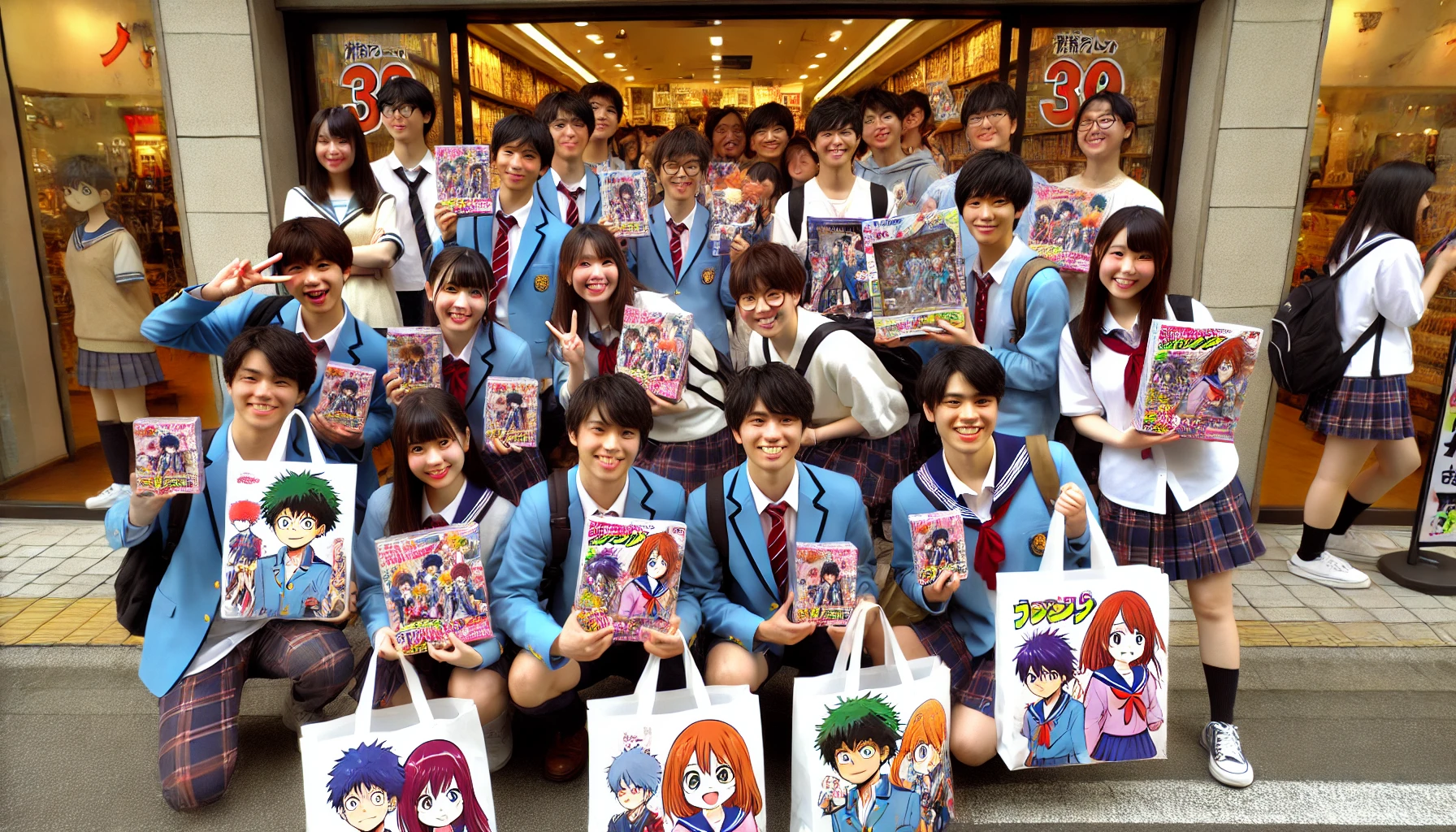 A group of Japanese fans happily holding their newly purchased manga merchandise featuring high school students with superpowers. They are gathered outside of a store, smiling and posing with their bags and items such as plush toys, action figures, and posters. The atmosphere is joyful and lively.