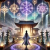 A mystical world ruled by four celestial gods, featuring a Japanese-style setting. A Japanese female priestess standing before a grand temple, facing various trials, surrounded by ancient symbols of the gods. The atmosphere is magical and solemn, with glowing symbols representing the four gods in the sky above. The background shows mountains and ancient architecture, reflecting traditional Japanese aesthetics.