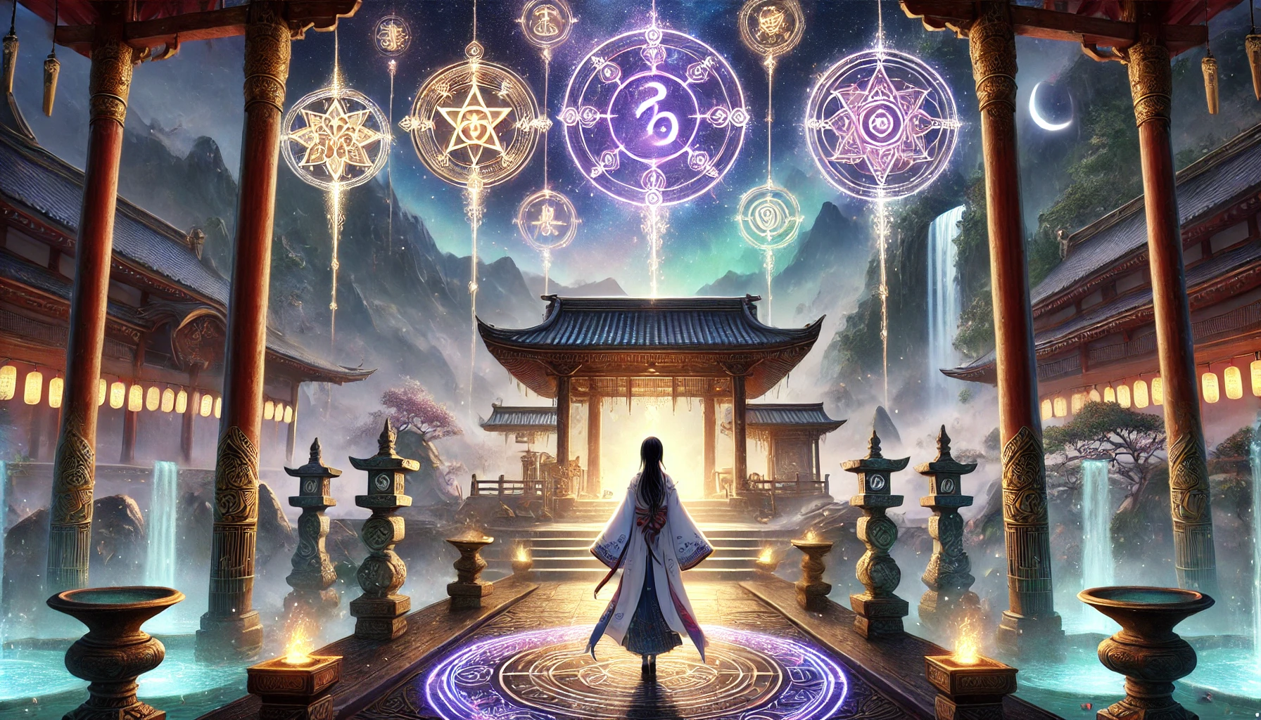 A mystical world ruled by four celestial gods, featuring a Japanese-style setting. A Japanese female priestess standing before a grand temple, facing various trials, surrounded by ancient symbols of the gods. The atmosphere is magical and solemn, with glowing symbols representing the four gods in the sky above. The background shows mountains and ancient architecture, reflecting traditional Japanese aesthetics.