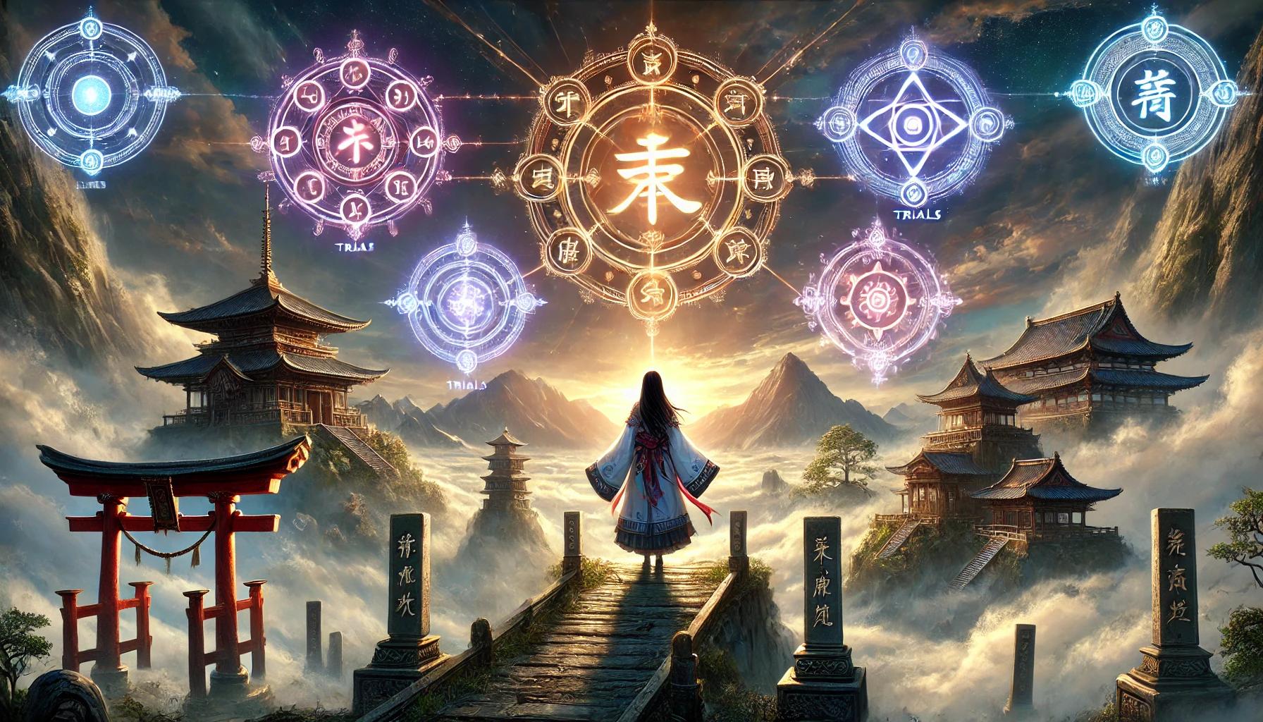 A mystical world ruled by four celestial gods, featuring a Japanese female priestess standing on a sacred mountain, surrounded by symbols representing trials. The scene is emotionally intense, showing the priestess with a determined expression as she faces a glowing celestial figure representing one of the gods. The background includes ancient Japanese temples, glowing celestial symbols in the sky, and a dramatic natural landscape.