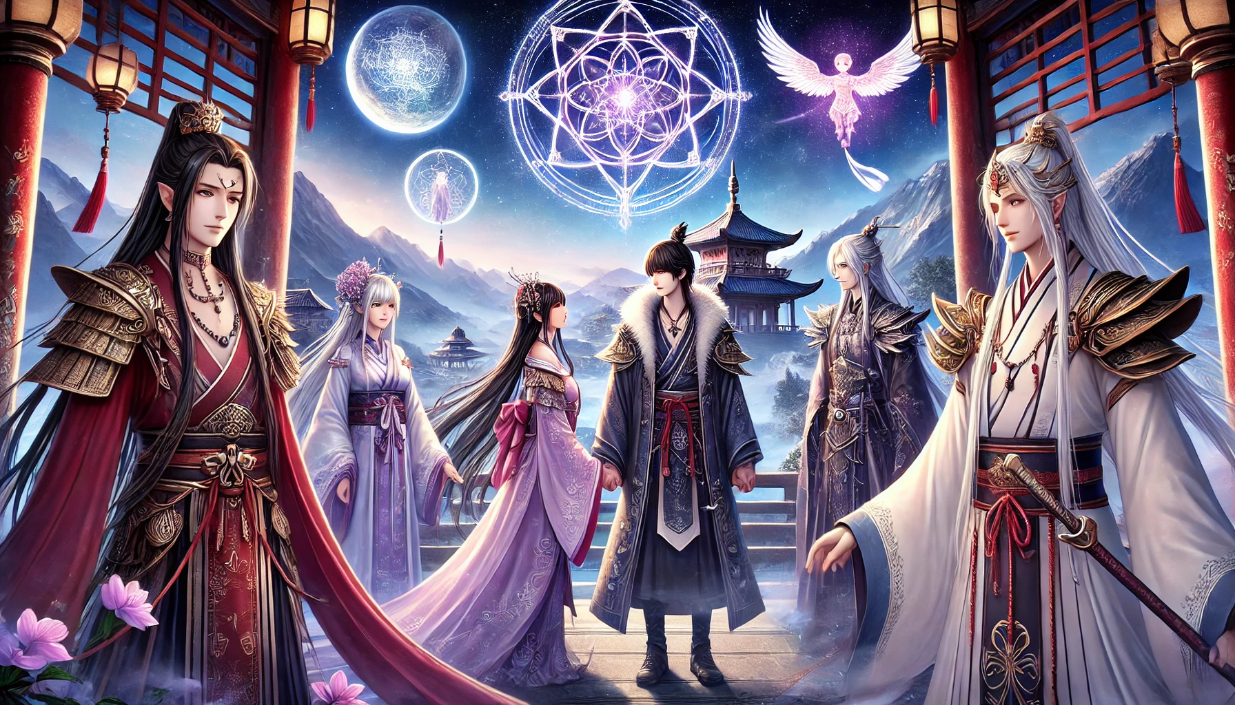 A mystical world ruled by four celestial gods, featuring a Japanese priestess standing with her companions. The scene highlights deep emotions of friendship and love, with the priestess and her friends bonding before the final trial. The background showcases traditional Japanese architecture with celestial symbols glowing in the sky, mountains, and a serene temple.