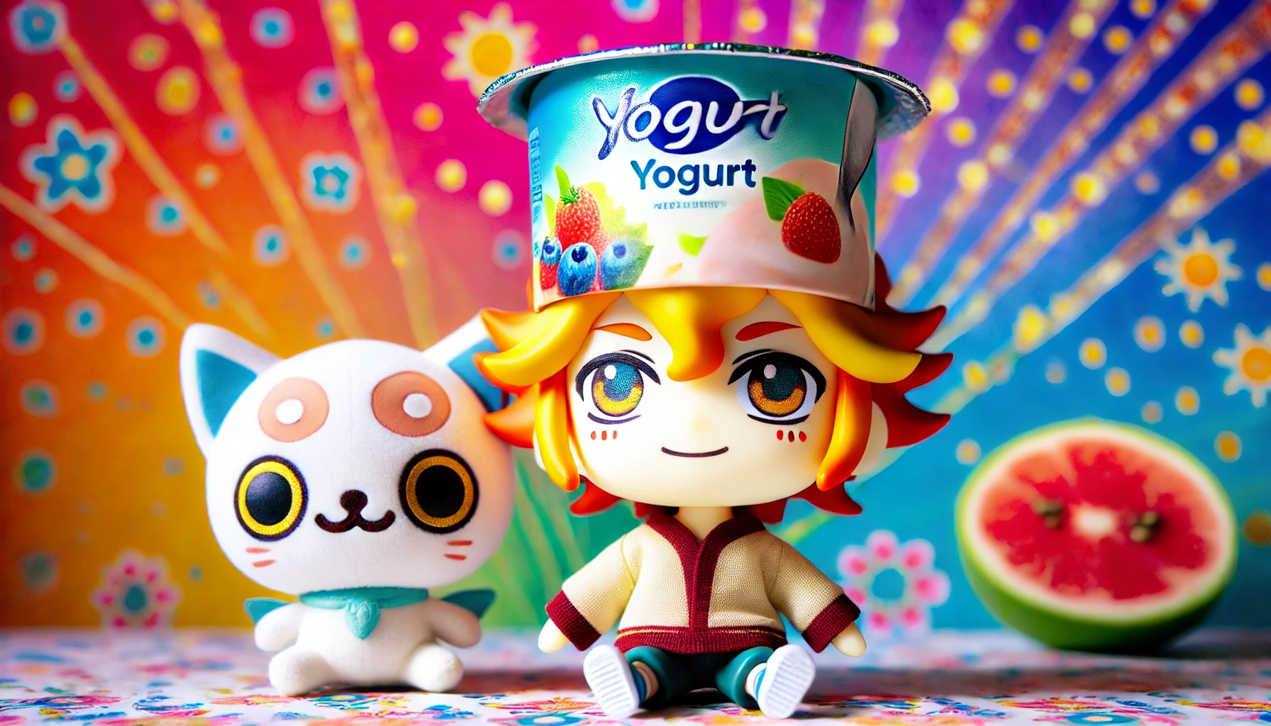 A cute humanoid anime character with a yogurt plastic container as its head, and a plush toy of the character, in a colorful and vibrant background.