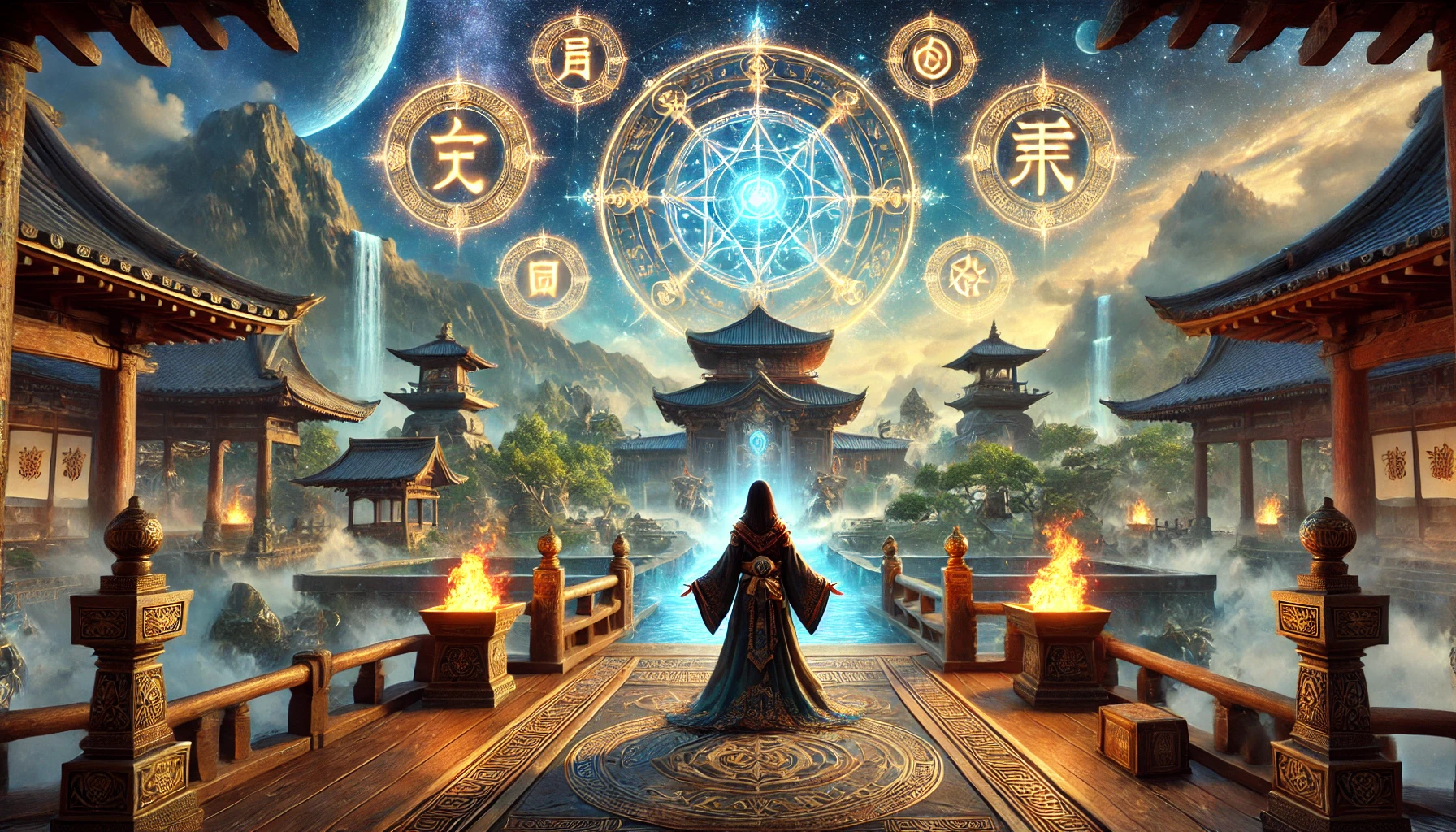 A mystical world ruled by four celestial gods, featuring a Japanese priestess overcoming her final trial. The scene captures a moment of victory, with celestial symbols glowing brightly in the sky, and a serene landscape of traditional Japanese temples and mountains. The atmosphere is filled with hope and accomplishment, as the priestess stands before the sacred temple.