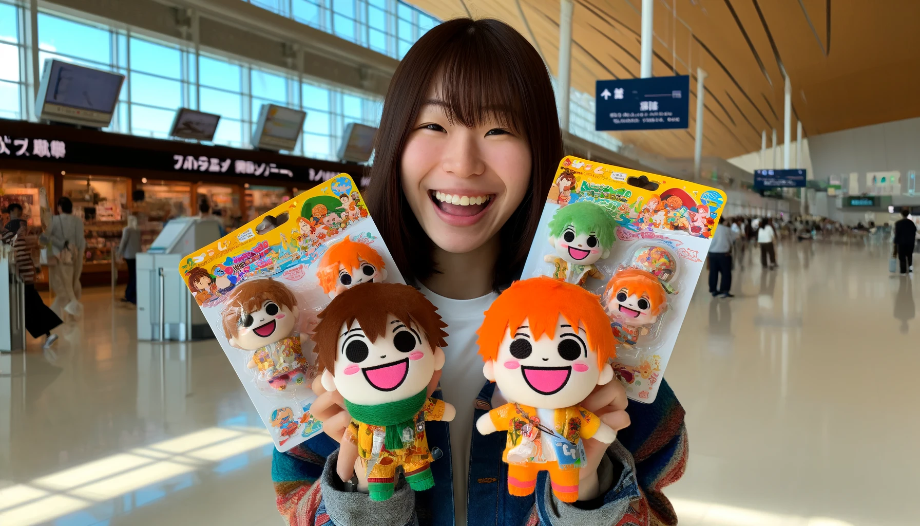 A joyful scene of a Japanese person holding Hokkaido airport-exclusive character goods resembling Chiikawa characters, smiling with excitement. The character goods include cute plush toys, keychains, and other small items, with vibrant colors and Hokkaido-themed designs. The background shows the airport terminal, and the person is clearly delighted to have purchased these limited-edition items.