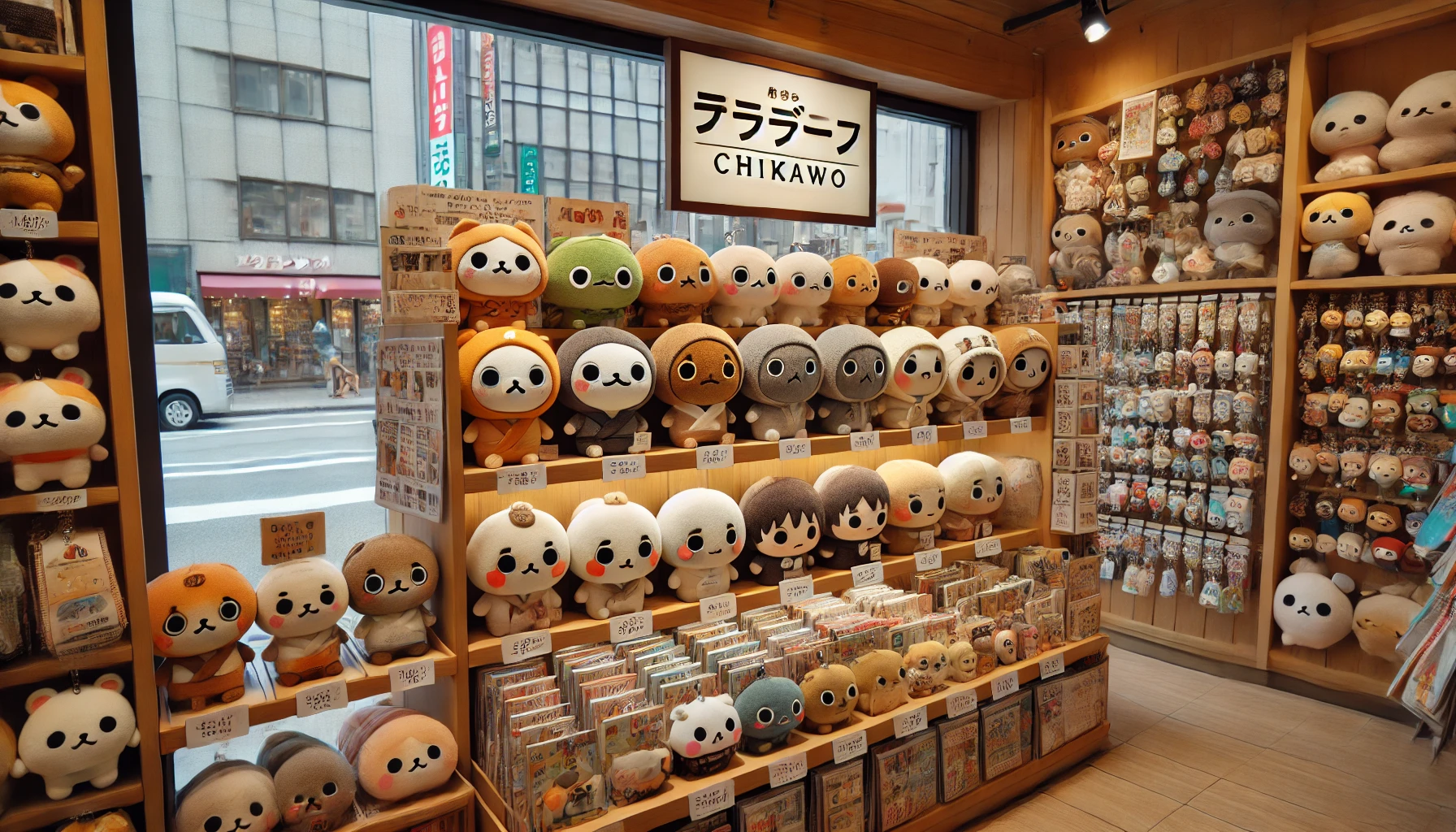 A charming display in a Sapporo store, featuring character goods resembling Chiikawa characters. The shelves are filled with cute plush toys, keychains, and small items, all with a local flavor but available in the city. The store has a cozy atmosphere, and the characters have a similar style to Chiikawa, with various color schemes. The setting shows an urban location with subtle signs indicating that these goods are also popular in Sapporo.