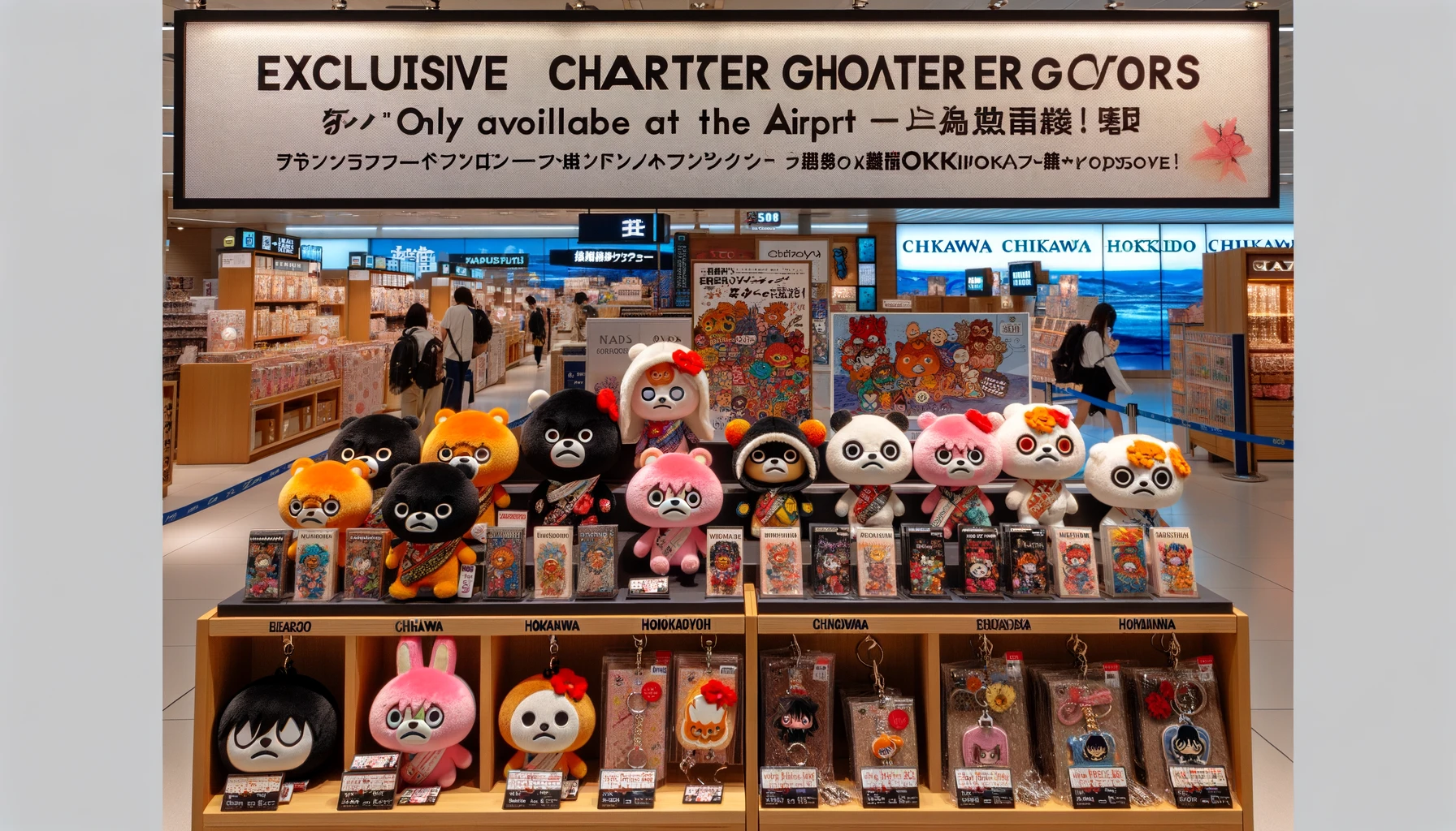 A display in Hokkaido airport showcasing exclusive character goods resembling Chiikawa characters, with a focus on their limited-edition nature. The items include keychains, plush toys, and other accessories, all with vibrant colors and designs reflecting Hokkaido's uniqueness. The display emphasizes that these goods are only available at the airport, with signage and labels indicating their limited nature. The scene captures the exclusivity and special feel of the products.