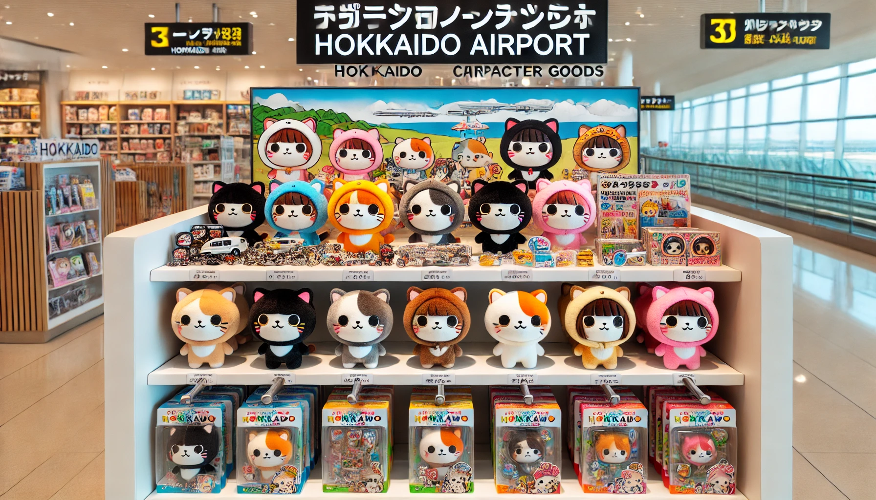 A colorful display of Hokkaido airport-exclusive character goods resembling Chiikawa characters, placed on a store shelf. The characters are cute, animal-like figures with various accessories and items, such as keychains and small plush toys, displayed neatly with a Hokkaido theme. The setting shows a bright, clean airport shop with signs that emphasize the exclusivity of these items to the airport.