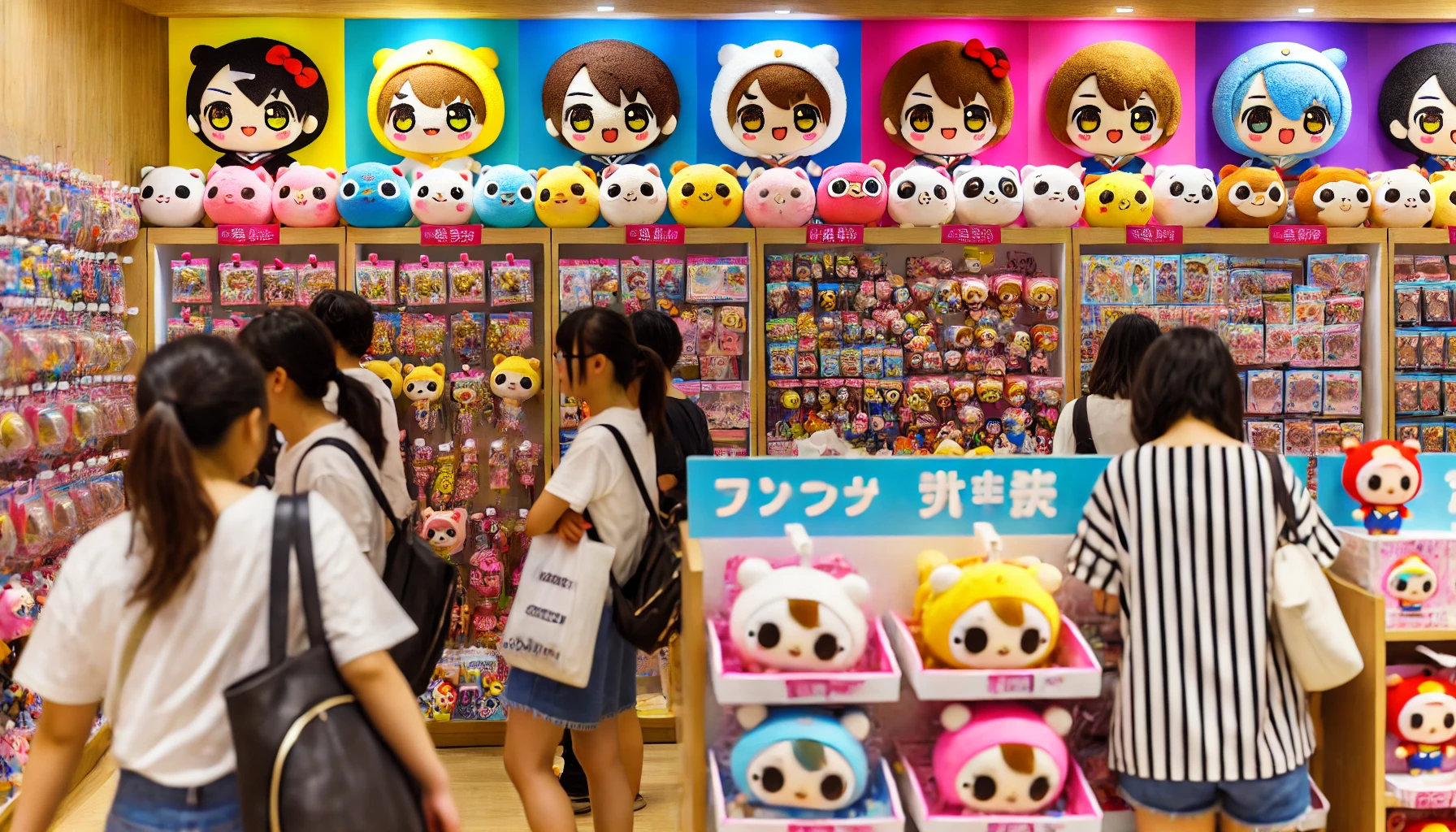 A vibrant retail display of cute chibi-style character goods resembling 'ちいかわ'. The scene is set in a busy Japanese store with plush toys, keychains, and figures neatly organized on shelves. Customers, including Japanese shoppers, are browsing and interacting with the products, creating a lively and engaging atmosphere. The bright colors and playful design of the merchandise capture the fun and charm of these popular items. Horizontal format (16:9).