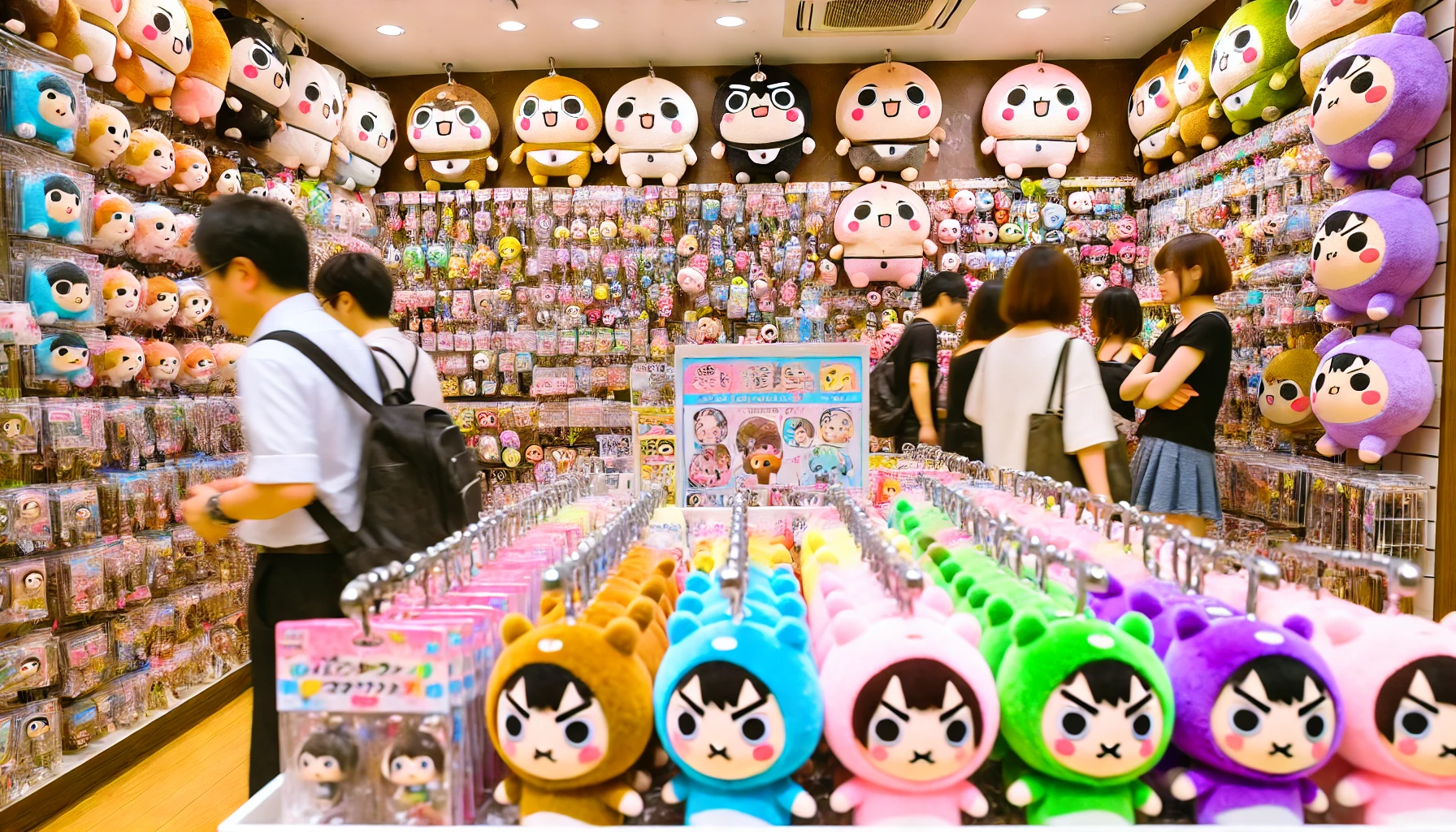 A vibrant retail display of cute chibi-style character goods resembling 'ちいかわ'. The scene is set in a busy Japanese store with plush toys, keychains, and figures neatly organized on shelves. Customers, including Japanese shoppers, are browsing and interacting with the products, creating a lively and engaging atmosphere. The bright colors and playful design of the merchandise capture the fun and charm of these popular items. Horizontal format (16:9).