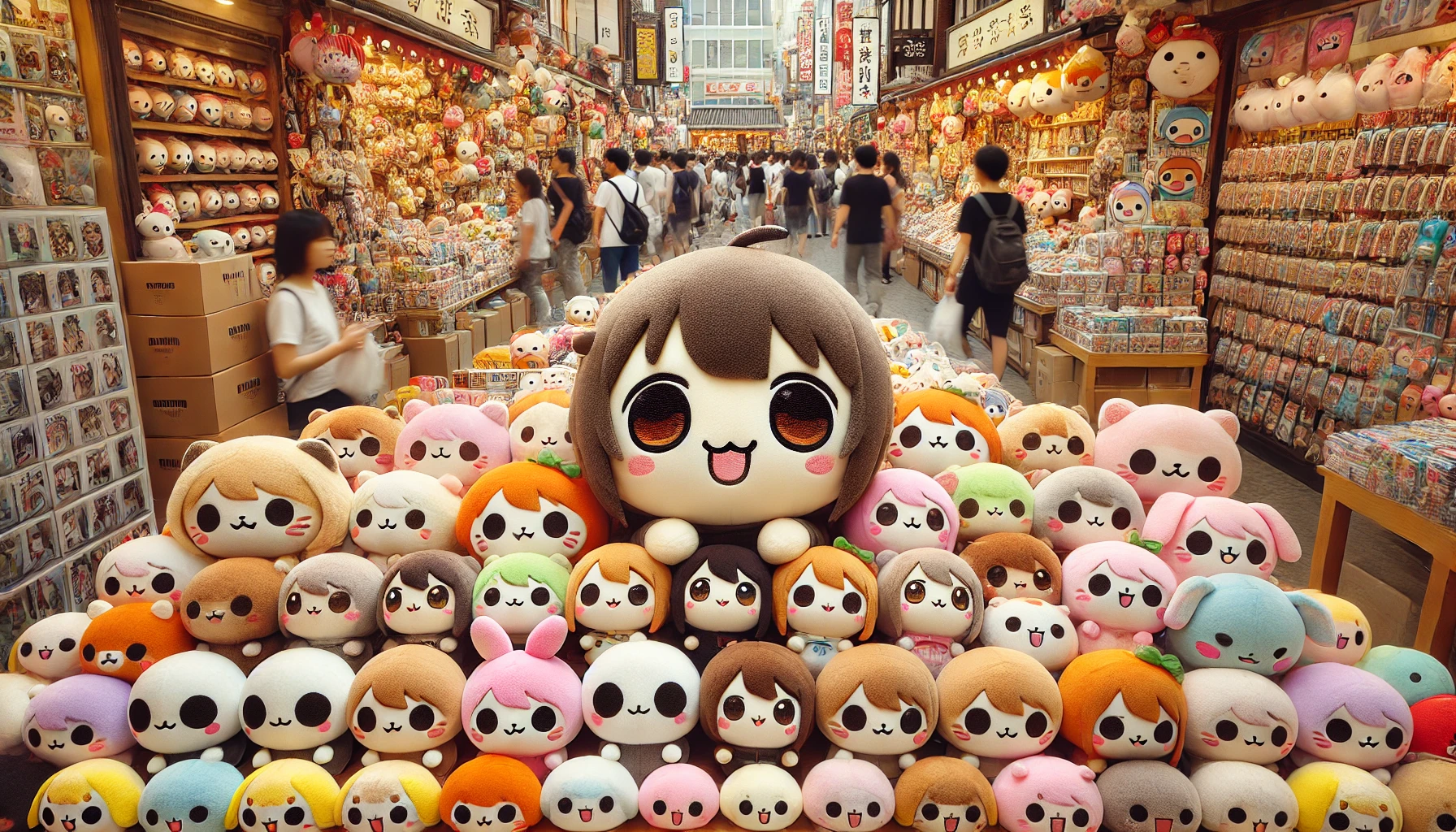 A cute, 'chibi-style' character resembling 'ちいかわ', surrounded by colorful character goods such as plush toys, keychains, and stationery, with a background showing a bustling marketplace or store. The style is playful, cheerful, and engaging. The focus is on the large collection of merchandise. The character and people in the scene have a distinct Japanese aesthetic. The image is set in a horizontal format (16:9).