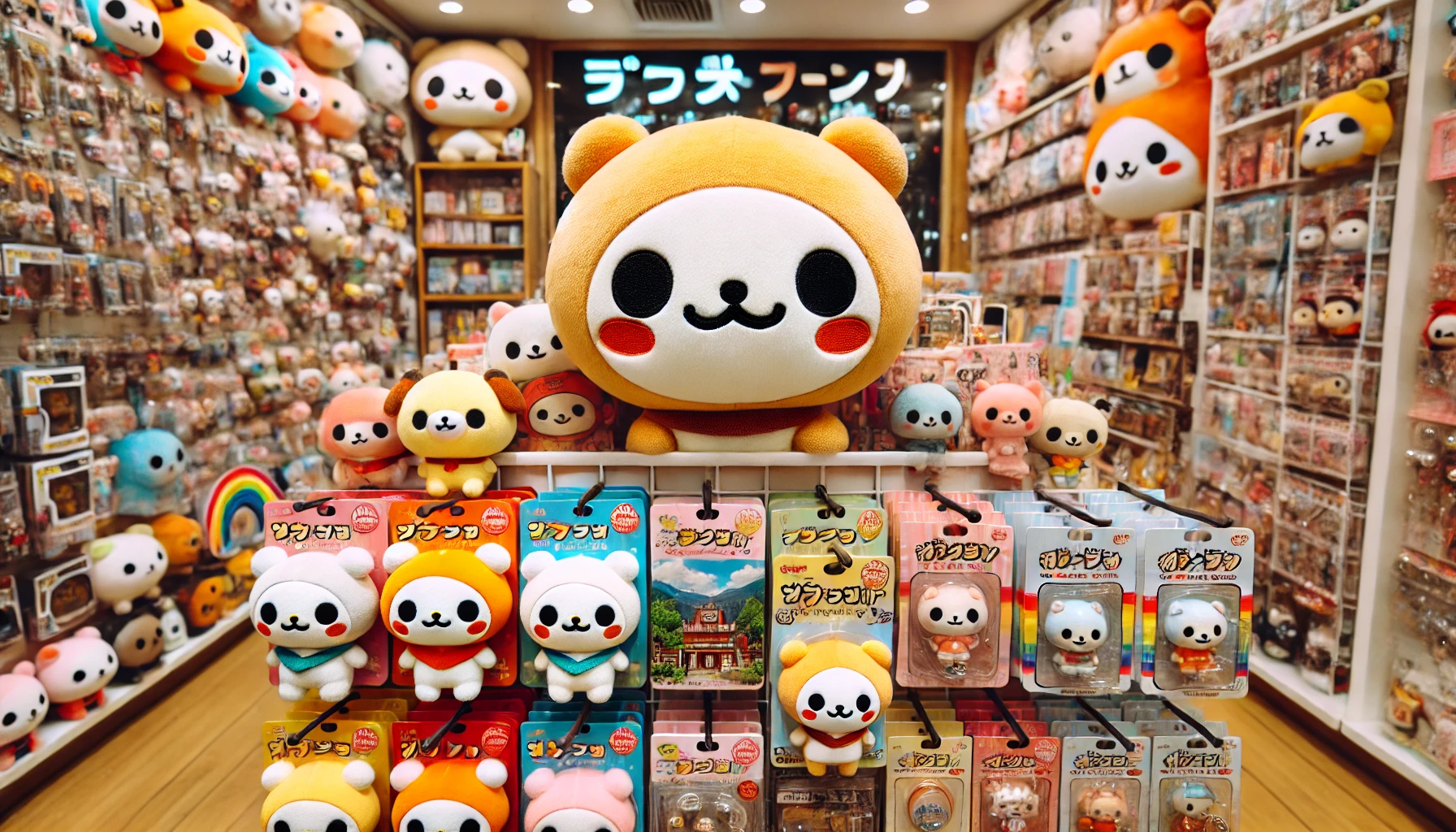 A close-up of cute, chibi-style character goods resembling 'ちいかわ', displayed in an appealing way. These include plushies, figurines, keychains, and other merchandise, with bright and cheerful colors. The background showcases a retail display shelf in a Japanese store, filled with various cute character items. The overall aesthetic is playful and engaging, with a focus on the products. Horizontal format (16:9).