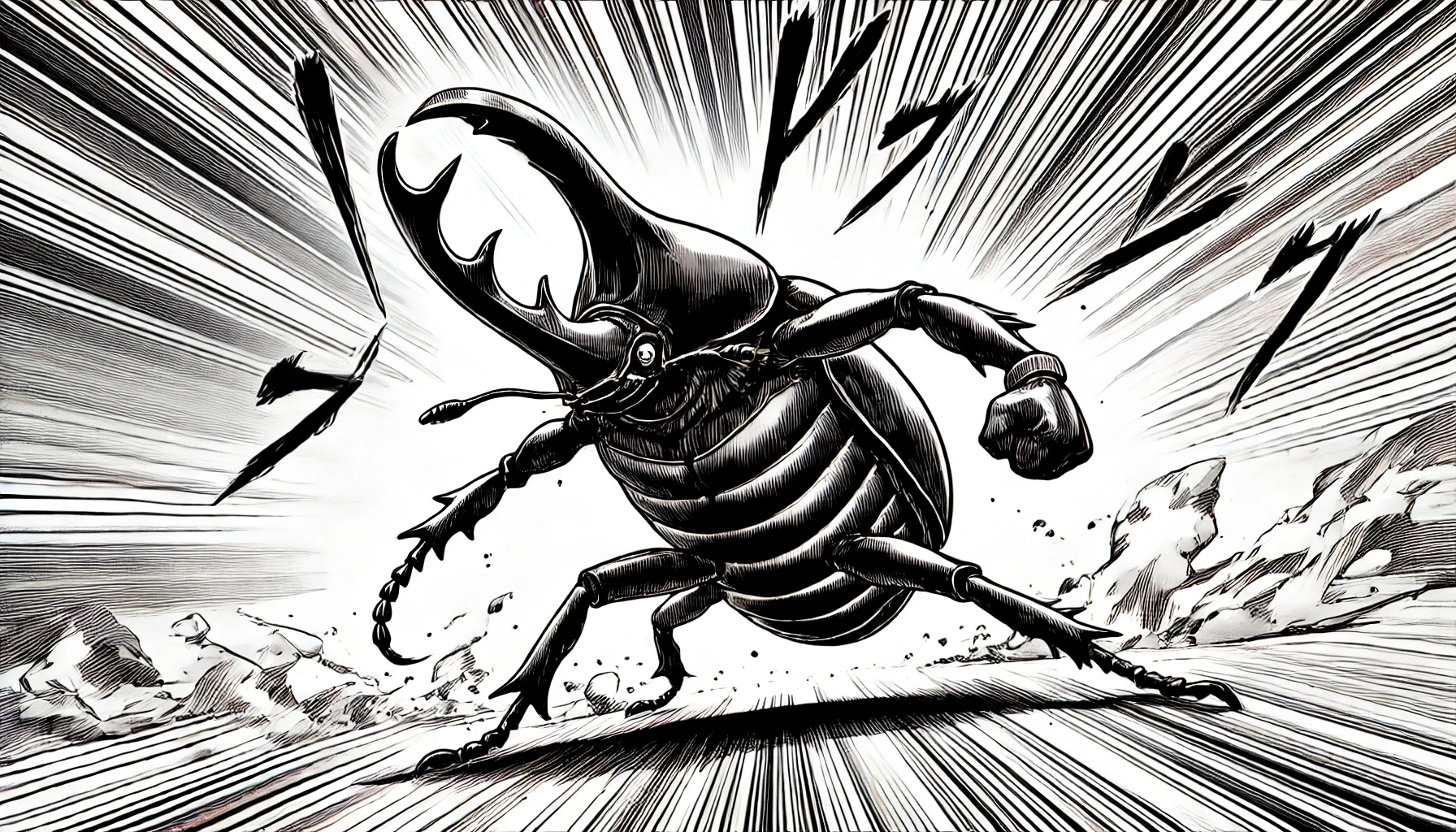 A powerful beetle character with a single horn, still in the 'Chiikawa' manga style. The beetle is depicted in a dynamic pose, showing off its strength. The background has an action-filled atmosphere, with dramatic lines and motion effects to emphasize the power. The beetle might be lifting something heavy or striking a heroic stance.