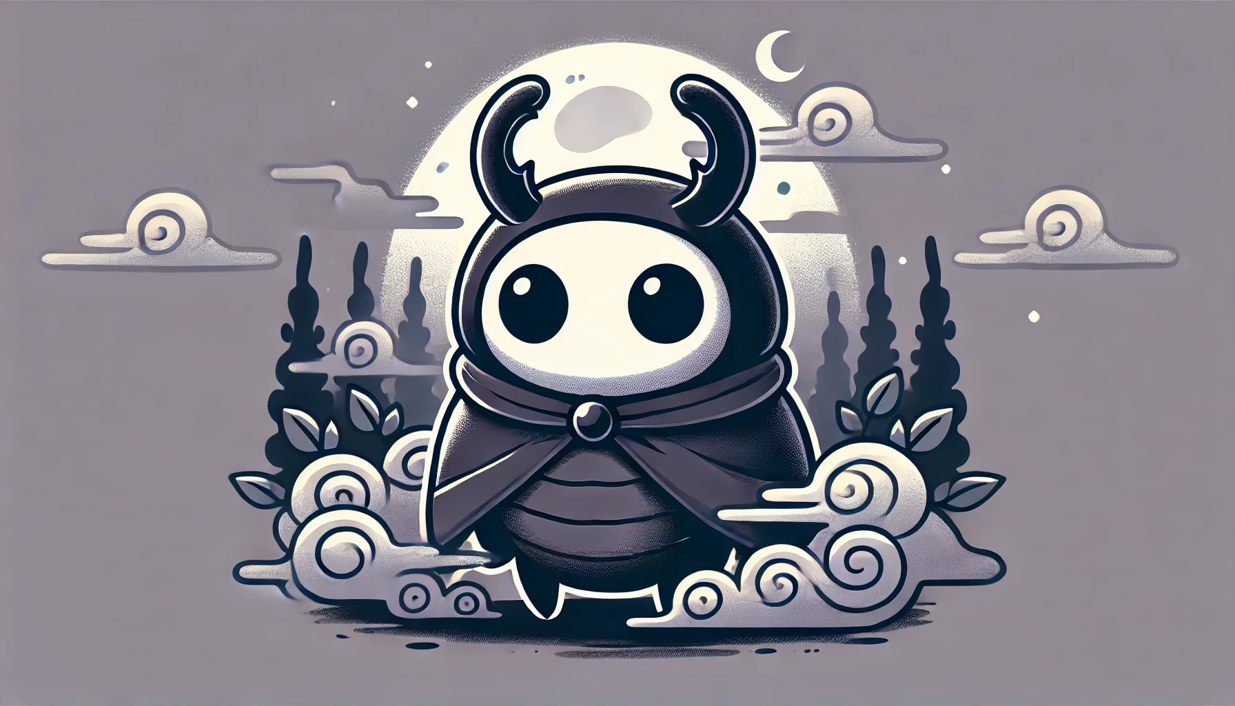 A mysterious beetle character with a single horn, still in a cute 'Chiikawa' manga style. This beetle character is cloaked in shadows or mist, giving it a sense of intrigue and mystique. The background is darker and more mysterious, perhaps with a moon or misty forest as a backdrop, adding to the suspense.