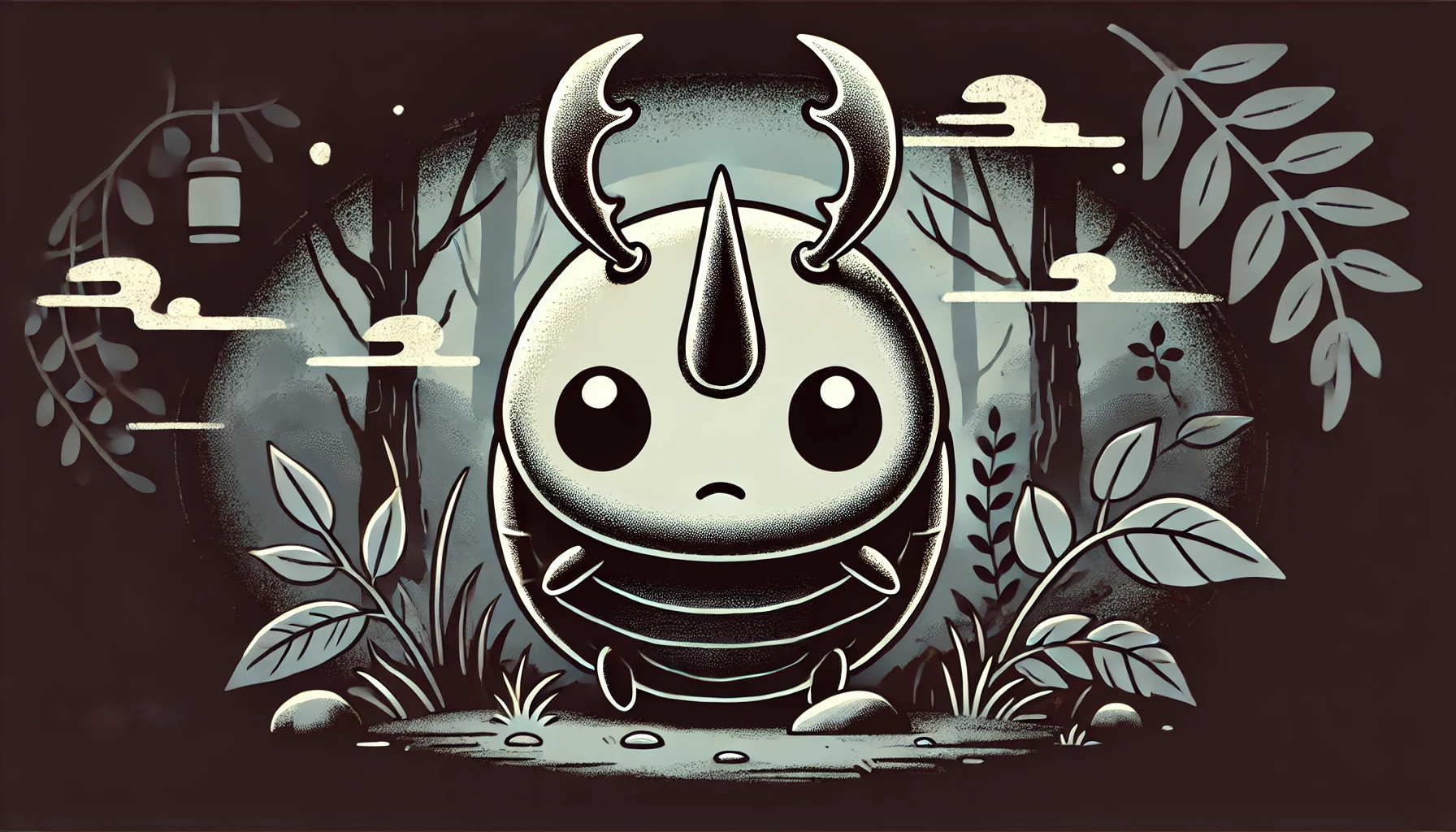 A beetle-like character inspired by 'Chiikawa' manga style, with a single horn on its head, shrouded in shadows and mystery. The character retains its cute and soft design but has an enigmatic atmosphere. The background features darker tones with hints of nature elements like trees and bushes, adding to the sense of mystery. The scene has an overall mysterious yet innocent vibe.