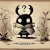 A mysterious beetle-like character inspired by 'Chiikawa' manga style, with a distinctive horn on its head. The character is shrouded in shadows, hinting at its unknown identity. The background is slightly darker with an enigmatic atmosphere, yet the character retains the cute and soft design typical of 'Chiikawa' style. The scene includes nature elements like trees and bushes, adding to the mystery.