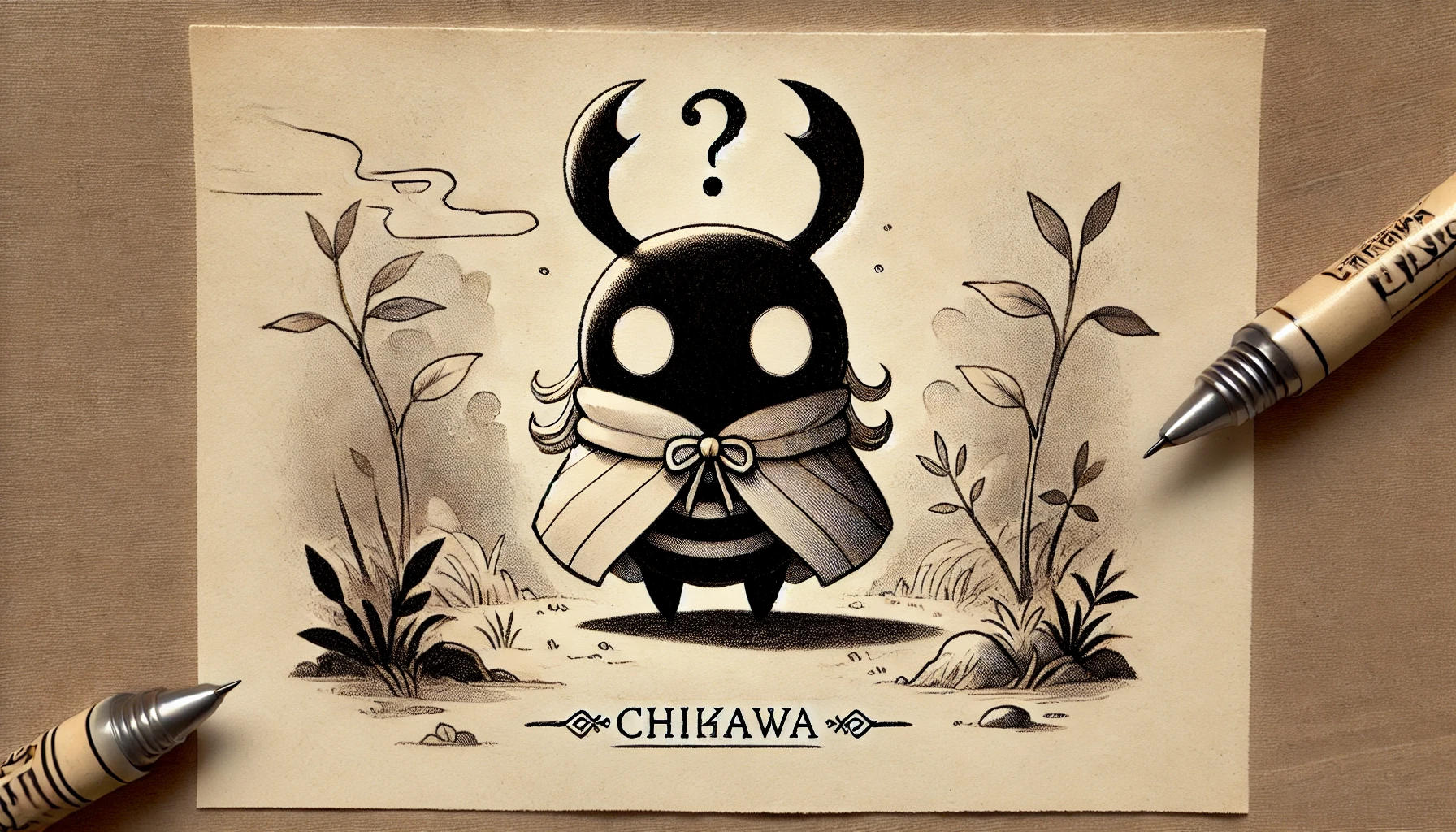 A mysterious beetle-like character inspired by 'Chiikawa' manga style, with a distinctive horn on its head. The character is shrouded in shadows, hinting at its unknown identity. The background is slightly darker with an enigmatic atmosphere, yet the character retains the cute and soft design typical of 'Chiikawa' style. The scene includes nature elements like trees and bushes, adding to the mystery.