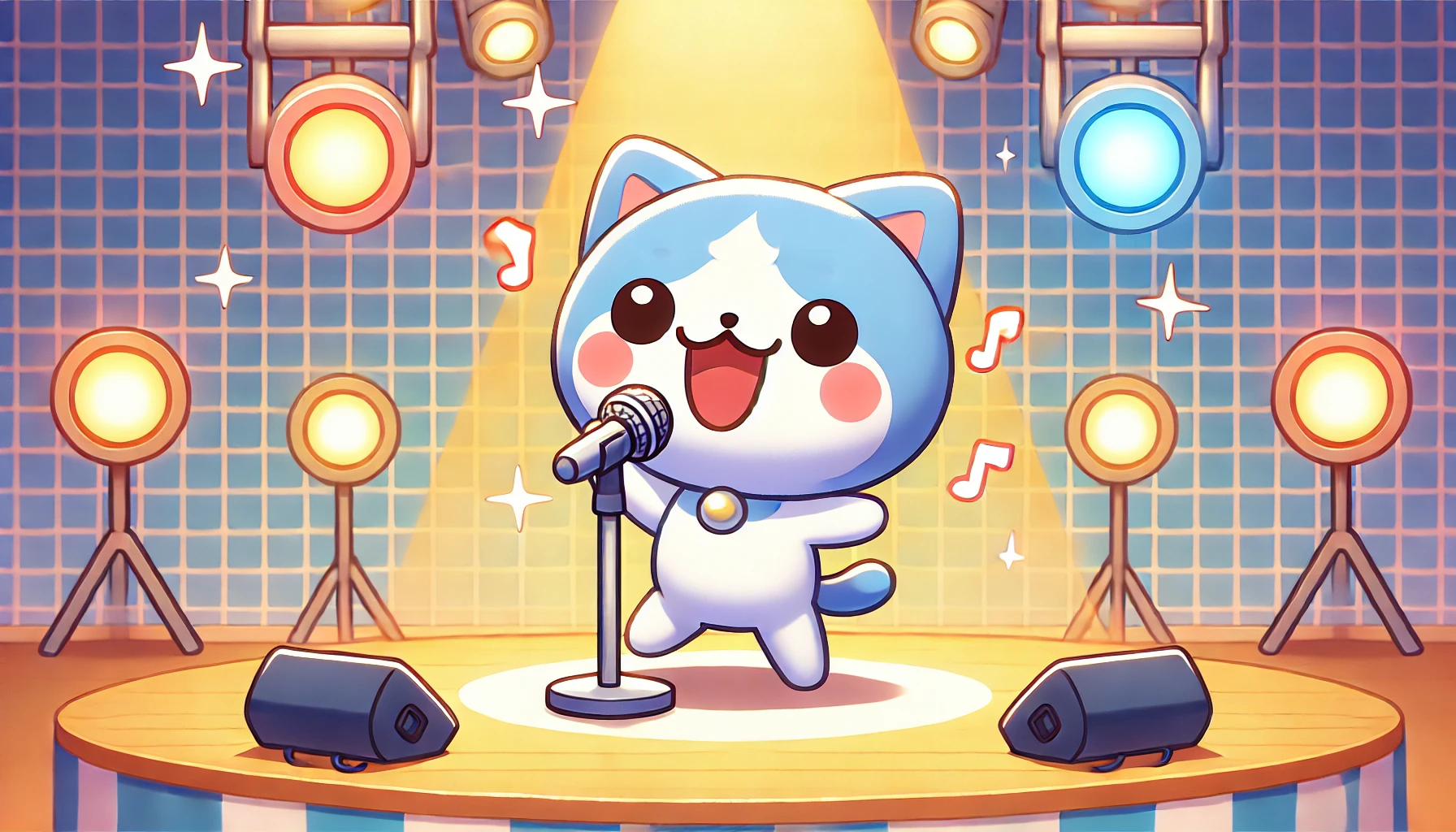 A manga-style scene featuring a cute blue-and-white cat-like character singing on stage with a joyful expression. The character resembles the 'chiikawa' style, with a rounded body, large eyes, and simple design. The stage has colorful spotlights and a microphone stand, with warm and soft lighting. The character is filled with energy and happiness while singing, creating a fun atmosphere. The background is a simple but playful stage with colorful elements.