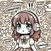 A cute manga-style character similar to 'chiikawa,' surrounded by floating speech bubbles representing a chaotic scene. Some bubbles show exclamation marks and others depict confused faces, indicating a commotion caused by the character's song. The character looks puzzled and concerned, as if unsure of what caused the stir. The background is filled with swirls and symbols representing the commotion, all drawn in a light-hearted, playful manga style.