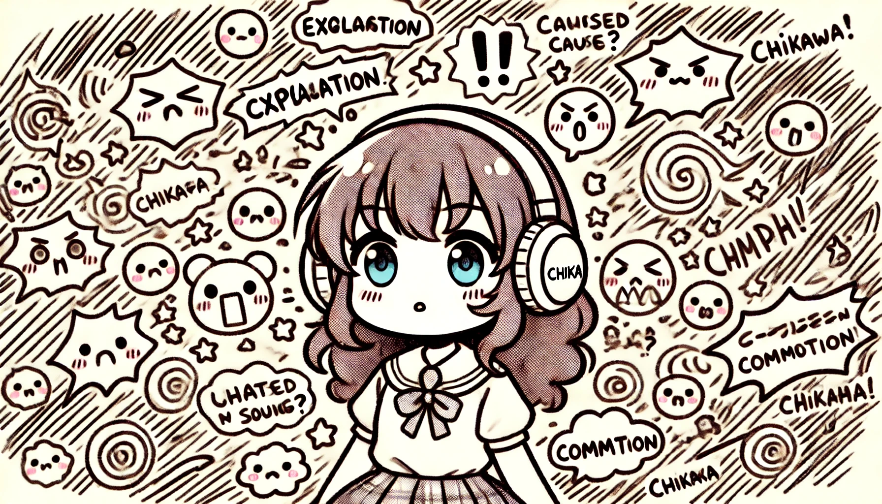 A cute manga-style character similar to 'chiikawa,' surrounded by floating speech bubbles representing a chaotic scene. Some bubbles show exclamation marks and others depict confused faces, indicating a commotion caused by the character's song. The character looks puzzled and concerned, as if unsure of what caused the stir. The background is filled with swirls and symbols representing the commotion, all drawn in a light-hearted, playful manga style.