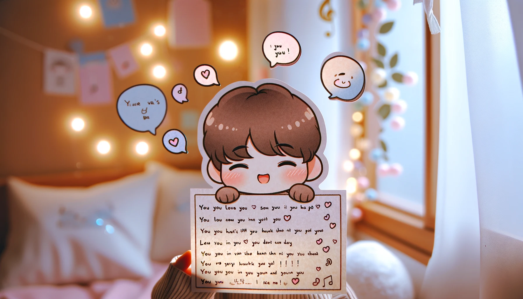 A cute manga-style character similar to 'chiikawa,' holding a piece of paper with handwritten song lyrics. The lyrics are simple and emotional, floating above the character in playful, colorful text bubbles. The character is smiling, showing its lighthearted nature, with soft lighting in a cozy indoor setting. The background features subtle decorations like music notes and pastel-colored doodles.