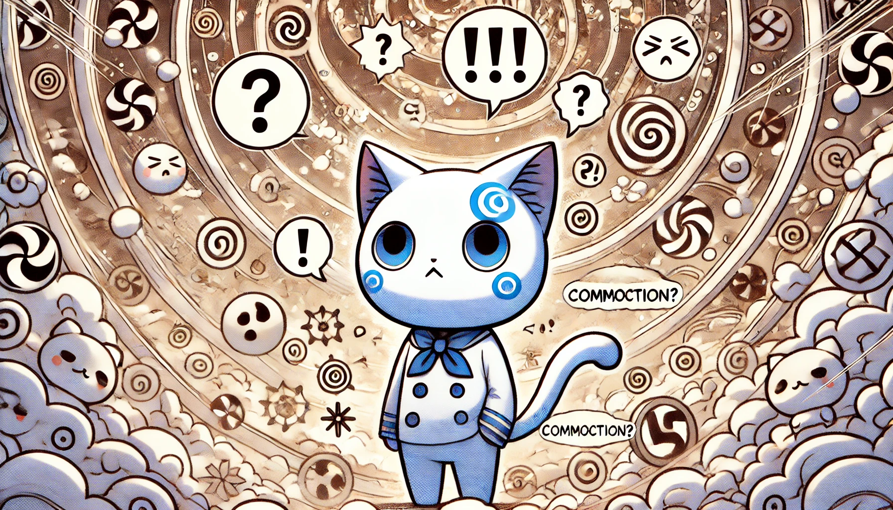 A manga-style scene featuring a cute blue-and-white cat-like character similar to 'chiikawa,' surrounded by floating speech bubbles showing exclamation marks, confused faces, and commotion symbols. The character looks puzzled and concerned, as if unsure of what caused the chaos. The background has swirling patterns and symbols, representing the confusion and drama caused by the character's song.