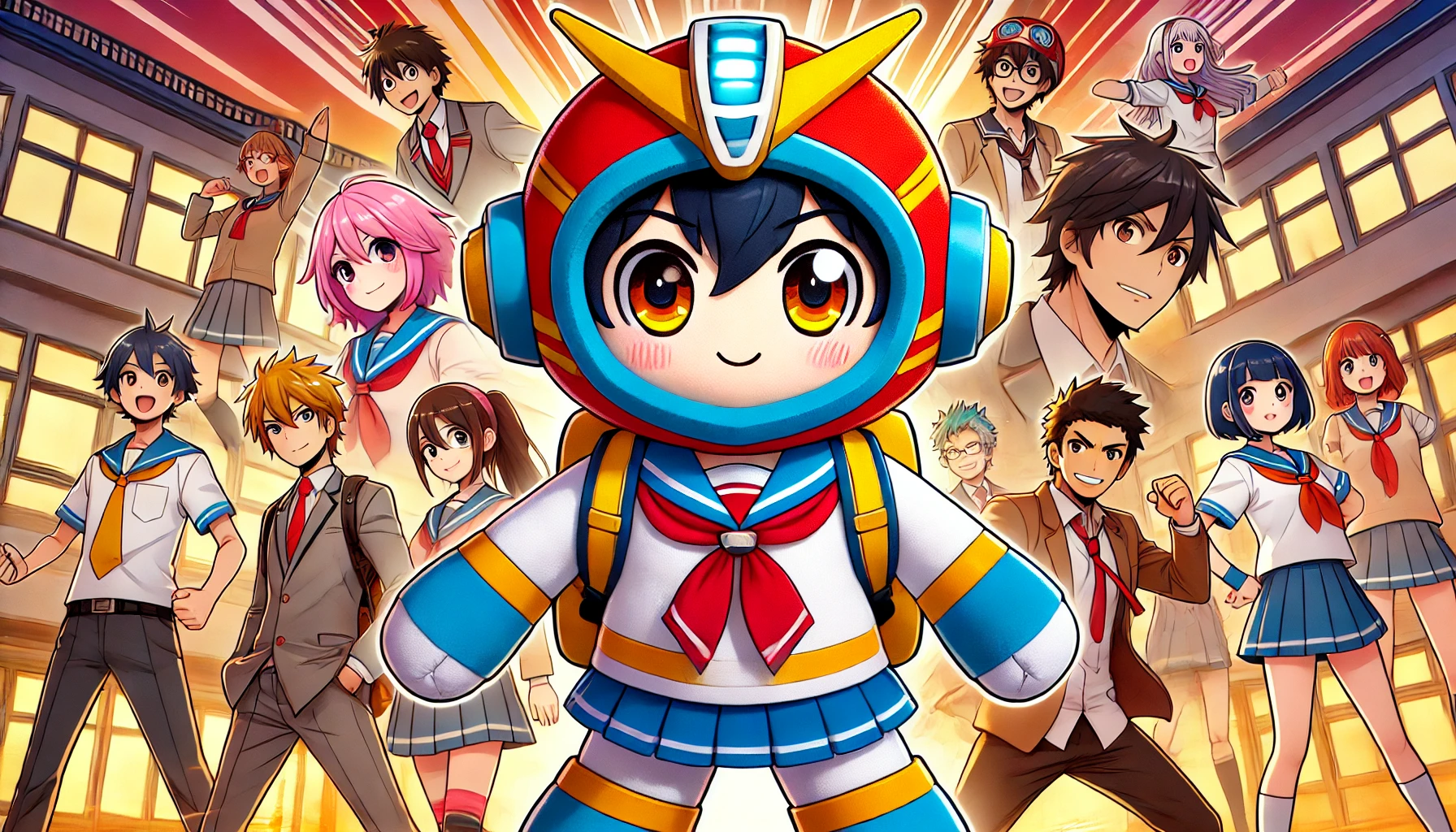 A Japanese high school character in a colorful robot plush costume, set in a vibrant school environment. The character is cheerful, with bright eyes visible through the costume, and stands confidently among students with superpowers. The design should capture the dynamic and action-packed world of a manga, with vibrant colors and energy.