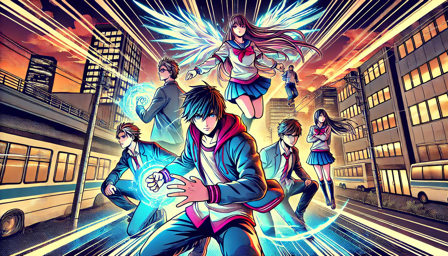 A vibrant comic book cover style image of Japanese high school students with supernatural powers. They are in dynamic poses, showing their unique abilities, set against a modern Japanese city backdrop. The scene is intense, with glowing effects around the characters to highlight their powers. The design reflects the high-energy and drama typical of superhero manga. No text, no logos.