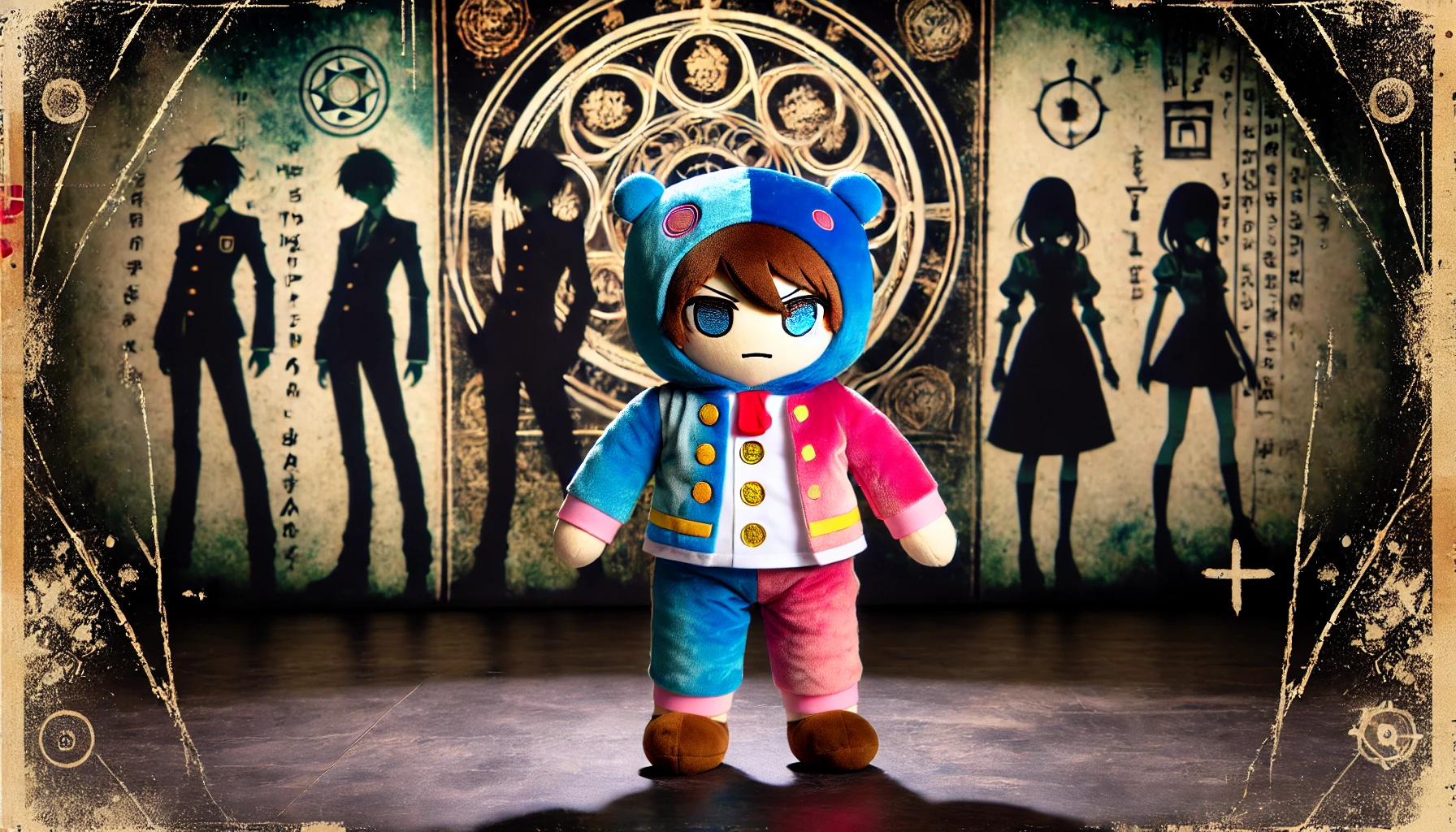 A Japanese high school character in a colorful robot plush costume, standing in a mysterious setting with a dark, eerie atmosphere. The character is central to the image, with shadowy figures and mystical symbols in the background, adding to the sense of intrigue and mystery in a manga-like world.