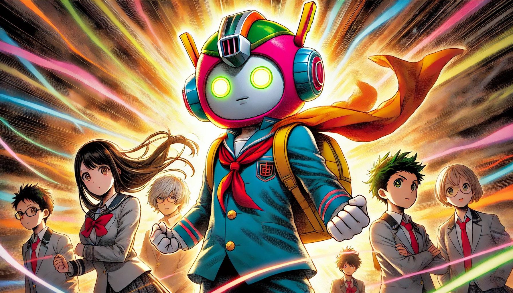 A Japanese high school character in a colorful robot plush costume, in a dramatic reveal moment. The background is intense, with swirling energy and beams of light that highlight the character's true identity. The character appears determined and confident, ready for action, while surrounded by other students from the manga world.