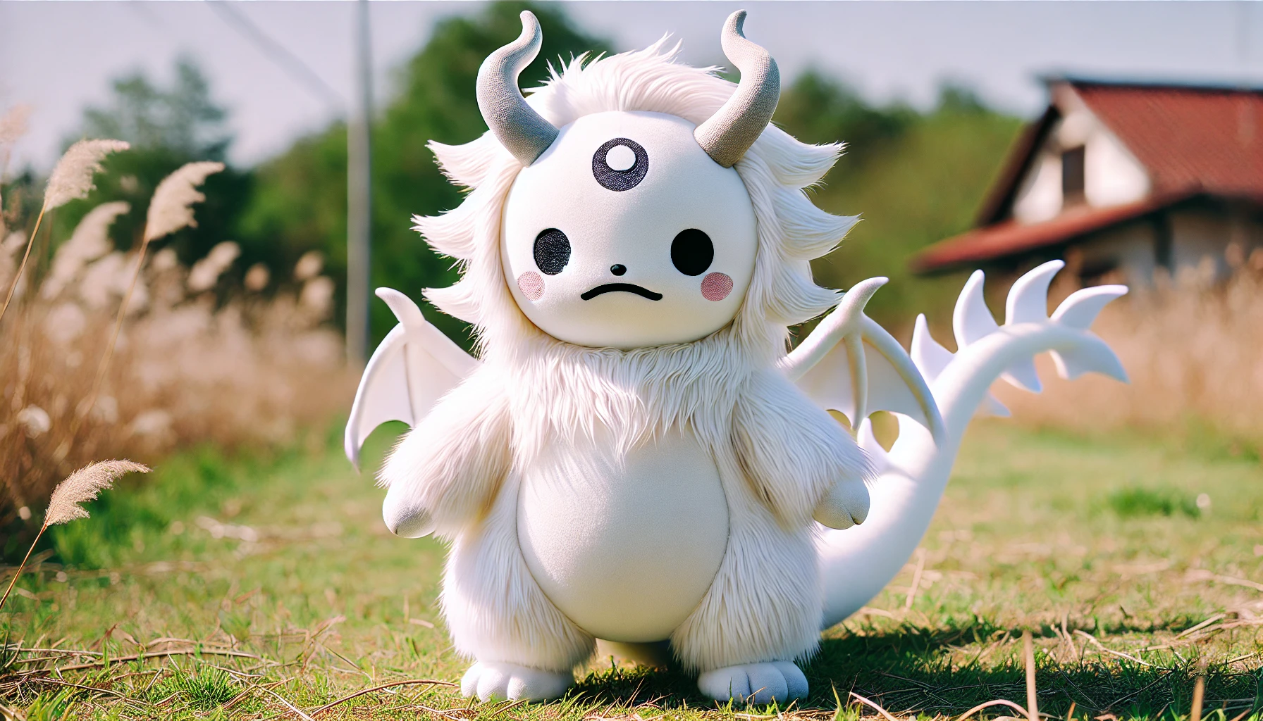 A cute and slightly menacing character inspired by 'chiikawa' style manga, with white fur, a single horn placed in the middle of its forehead, and a dragon-like tail. The character is huge in comparison to others around, with soft, fluffy features but an imposing presence. It stands in a grassy landscape on a sunny day, its single horn and dragon-like tail clearly visible. The character is designed to evoke both a sense of adorableness and an underlying threat, blending cute and fearsome elements in a way that is unique to Japanese manga styles.