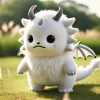 A cute and slightly menacing character inspired by 'chiikawa' style manga, with white fur, a single horn placed in the middle of its forehead, and a dragon-like tail. The character is huge in comparison to others around, with soft, fluffy features but an imposing presence. It stands in a grassy landscape on a sunny day, its single horn and dragon-like tail clearly visible. The character is designed to evoke both a sense of adorableness and an underlying threat, blending cute and fearsome elements in a way that is unique to Japanese manga styles.