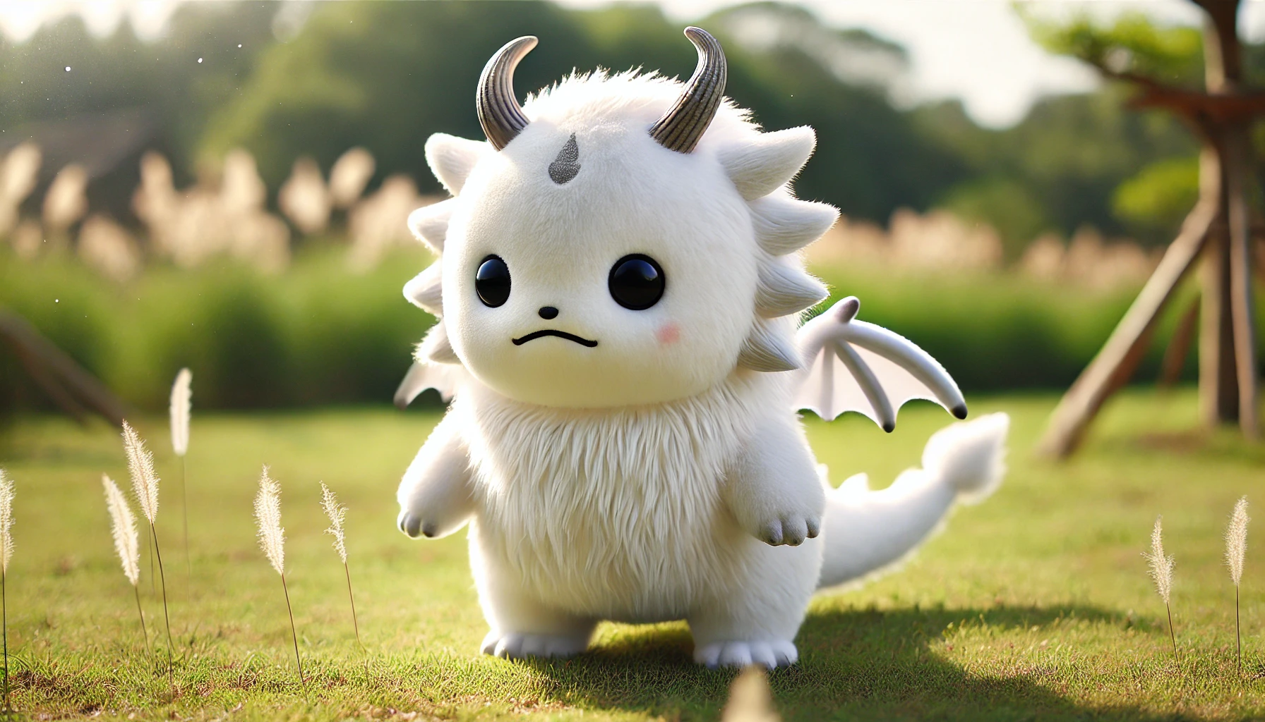 A cute and slightly menacing character inspired by 'chiikawa' style manga, with white fur, a single horn placed in the middle of its forehead, and a dragon-like tail. The character is huge in comparison to others around, with soft, fluffy features but an imposing presence. It stands in a grassy landscape on a sunny day, its single horn and dragon-like tail clearly visible. The character is designed to evoke both a sense of adorableness and an underlying threat, blending cute and fearsome elements in a way that is unique to Japanese manga styles.