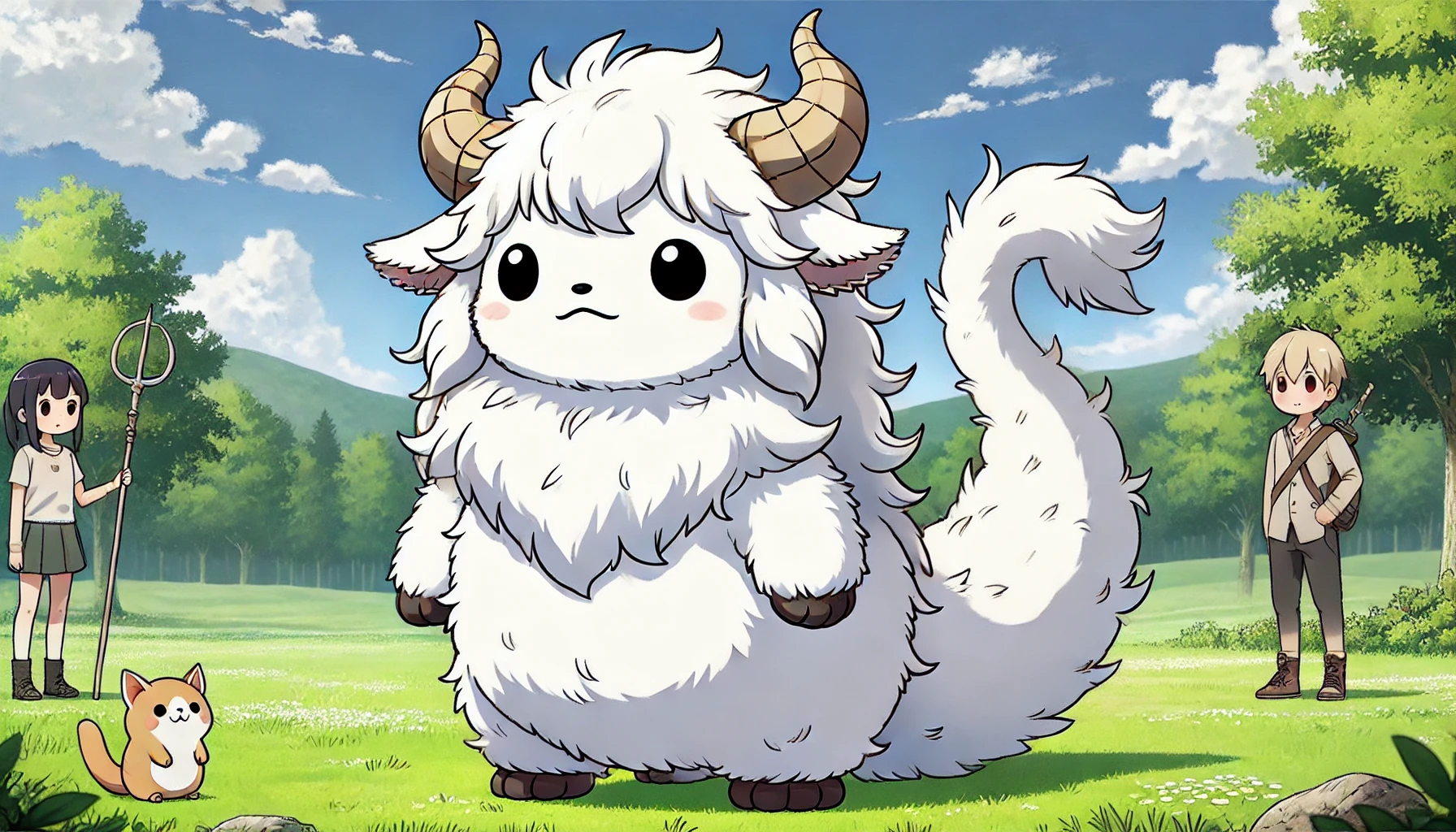 A cute and slightly menacing character inspired by 'chiikawa' style manga, with white fur, a single horn, and a dragon-like tail. The character is huge in comparison to others around, with soft, fluffy features but an imposing presence. It stands in a grassy landscape on a sunny day, its one horn and dragon-like tail clearly visible. The character is designed to evoke both a sense of adorableness and an underlying threat, blending cute and fearsome elements in a way that is unique to Japanese manga styles.